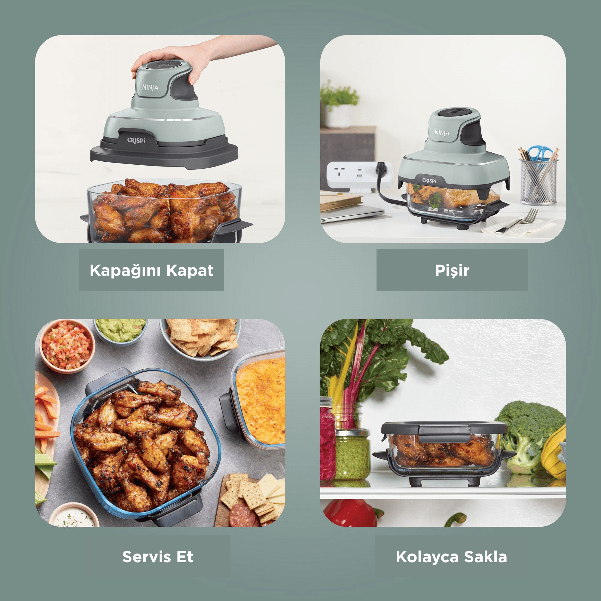 İçinde tavuk kanatları bulunan bir hava fritözü gösteriliyor. Görüntü adımları gösterir: kapağı kapatma, pişirme, servis ve saklama.