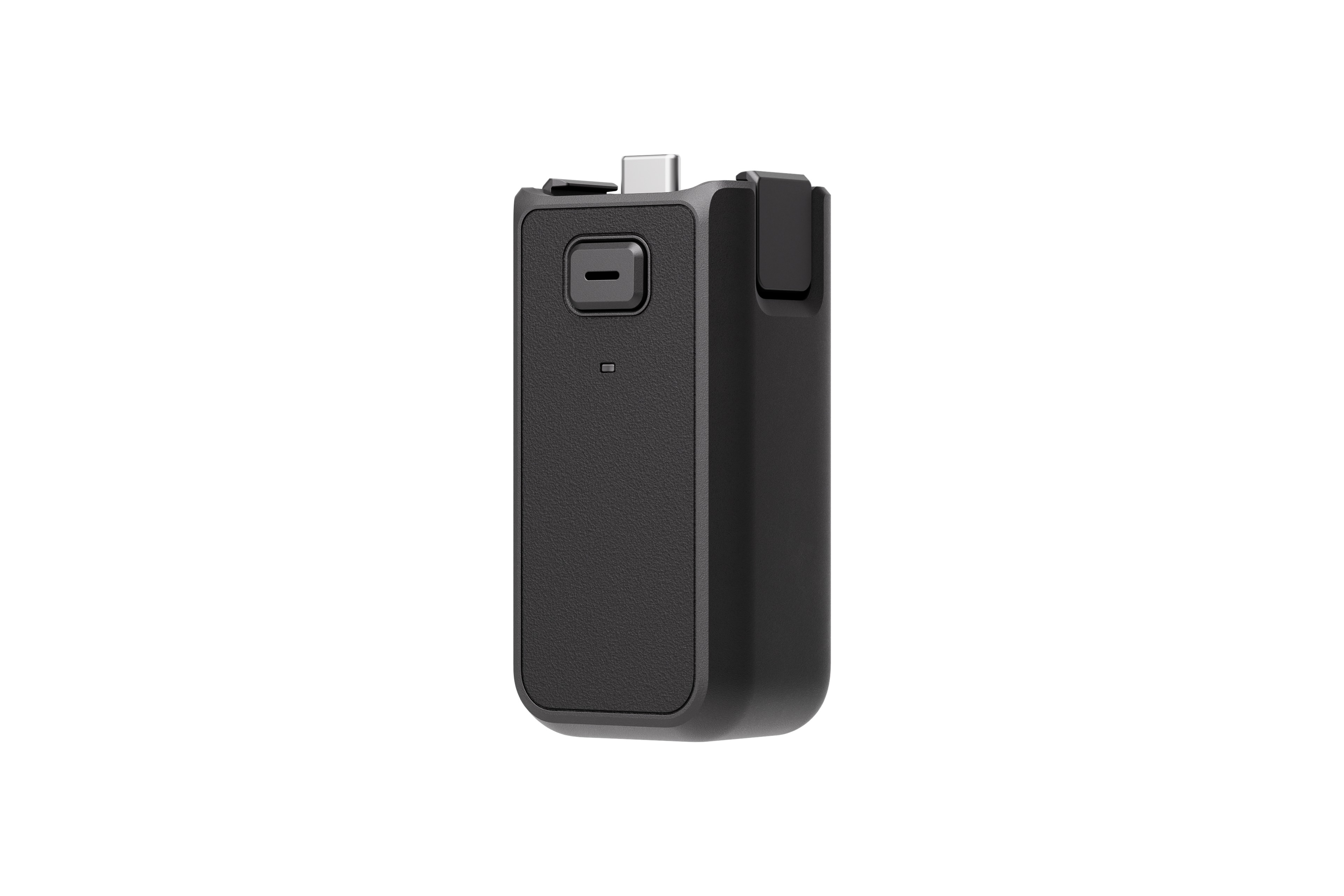 Beyaz zemin üzerinde bir düğme ve USB-C portu olan siyah dikdörtgen bir cihaz.