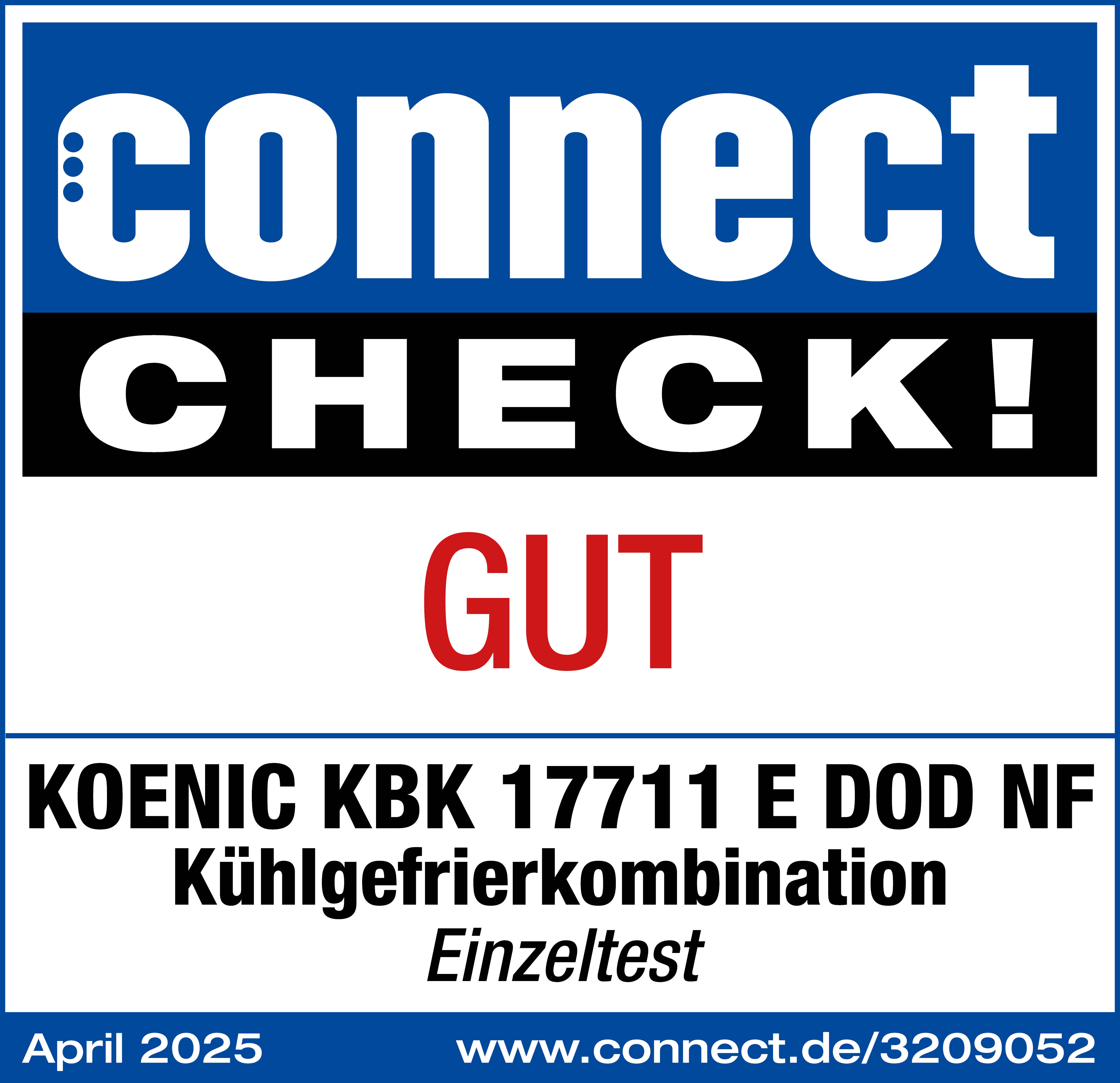 Ein blau-weißes Logo mit den Wörtern 'connect CHECK!' und 'GUT'. Darunter steht 'KOENIC KBK 17711 E DOD NF'.