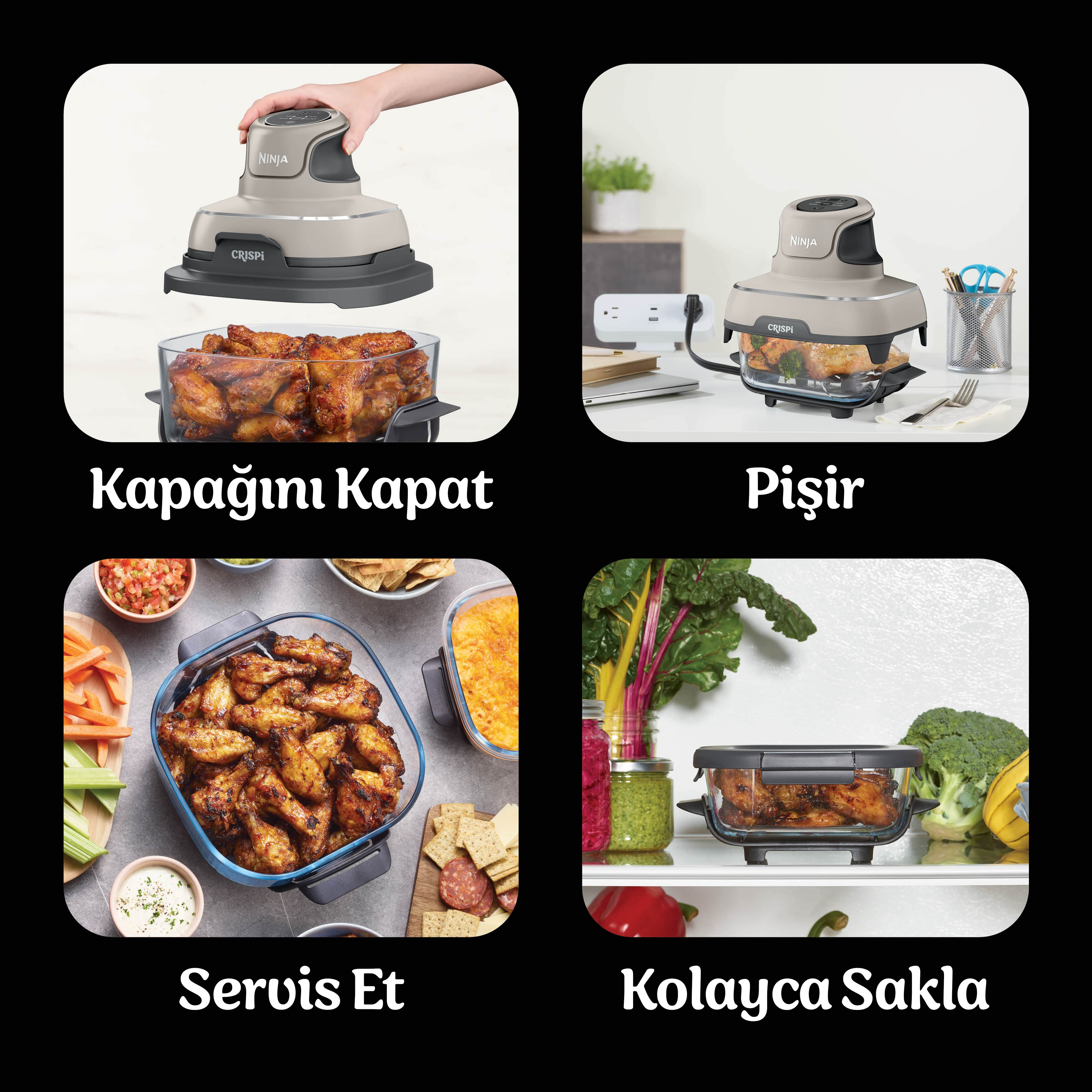 Bir hava fritözü, kapağın kapatılmasını, yemek pişirmeyi, servis yapmayı ve saklamayı gösterir. Cihaz ve yiyecekler odak noktasındadır.