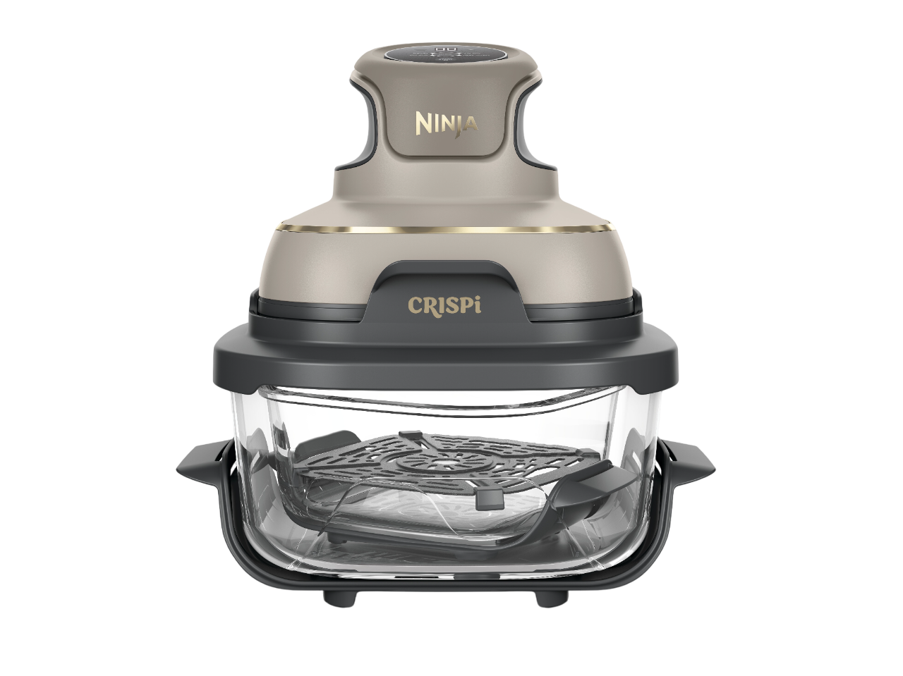 Bej ve gri renkli bir Ninja Crispi airfryer. İçinde cam bir kap ve siyah bir tepsi bulunur. Ninja logosu görünür.