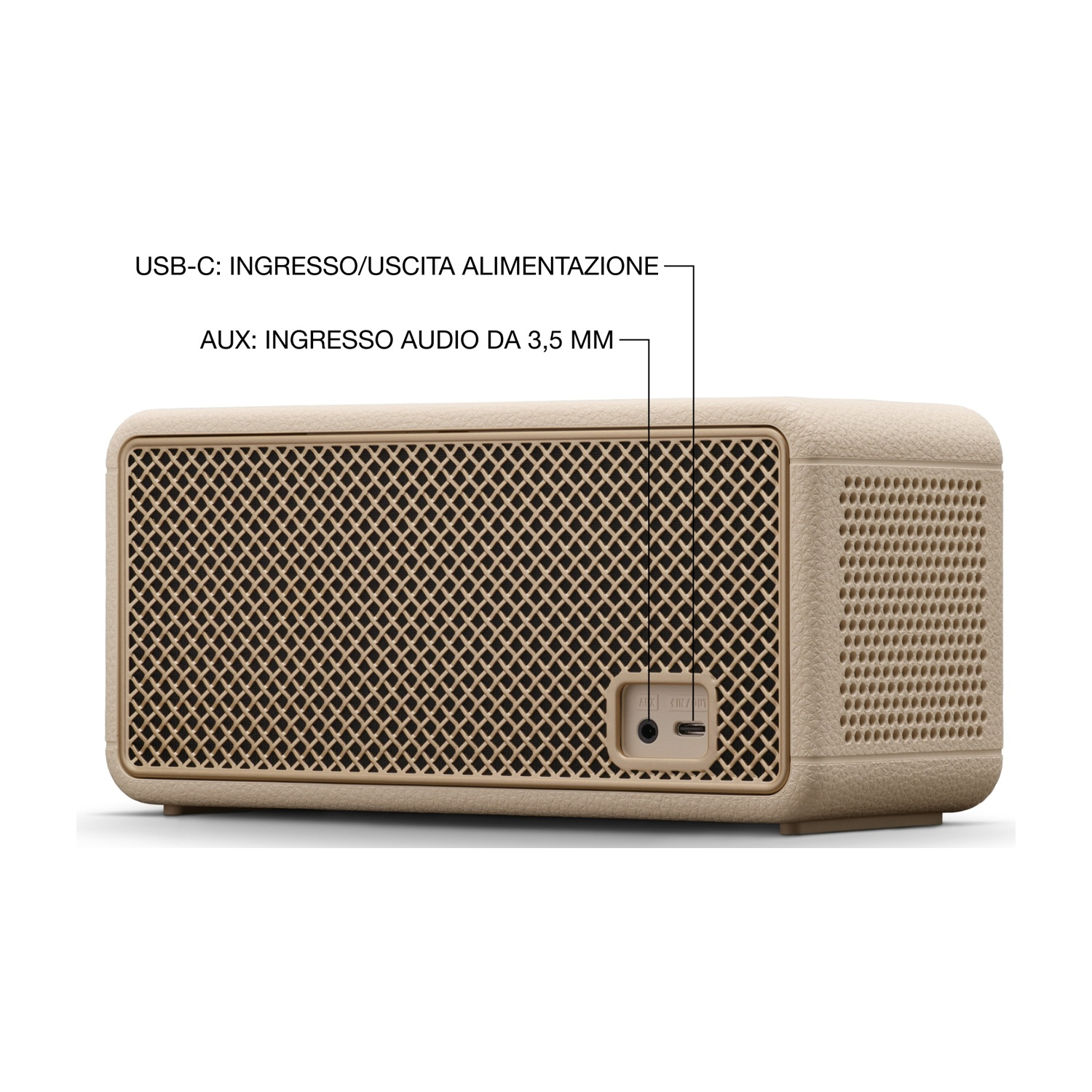 Altoparlante beige con griglia nera. Le etichette indicano le porte USB-C e AUX. Il testo dice: INGRESSO/USCITA ALIMENTAZIONE e INGRESSO AUDIO DA 3,5 MM.