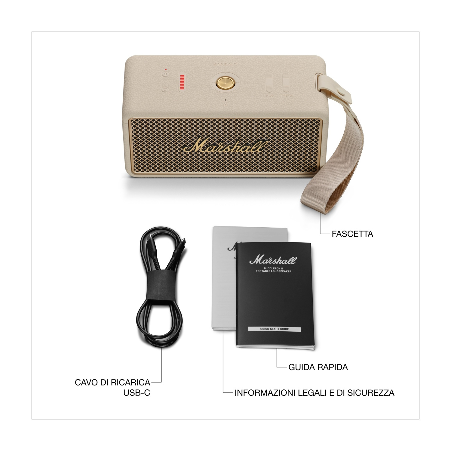 Un altoparlante Marshall beige con cinturino, cavo di ricarica nero e manuali, etichettato con testo italiano.