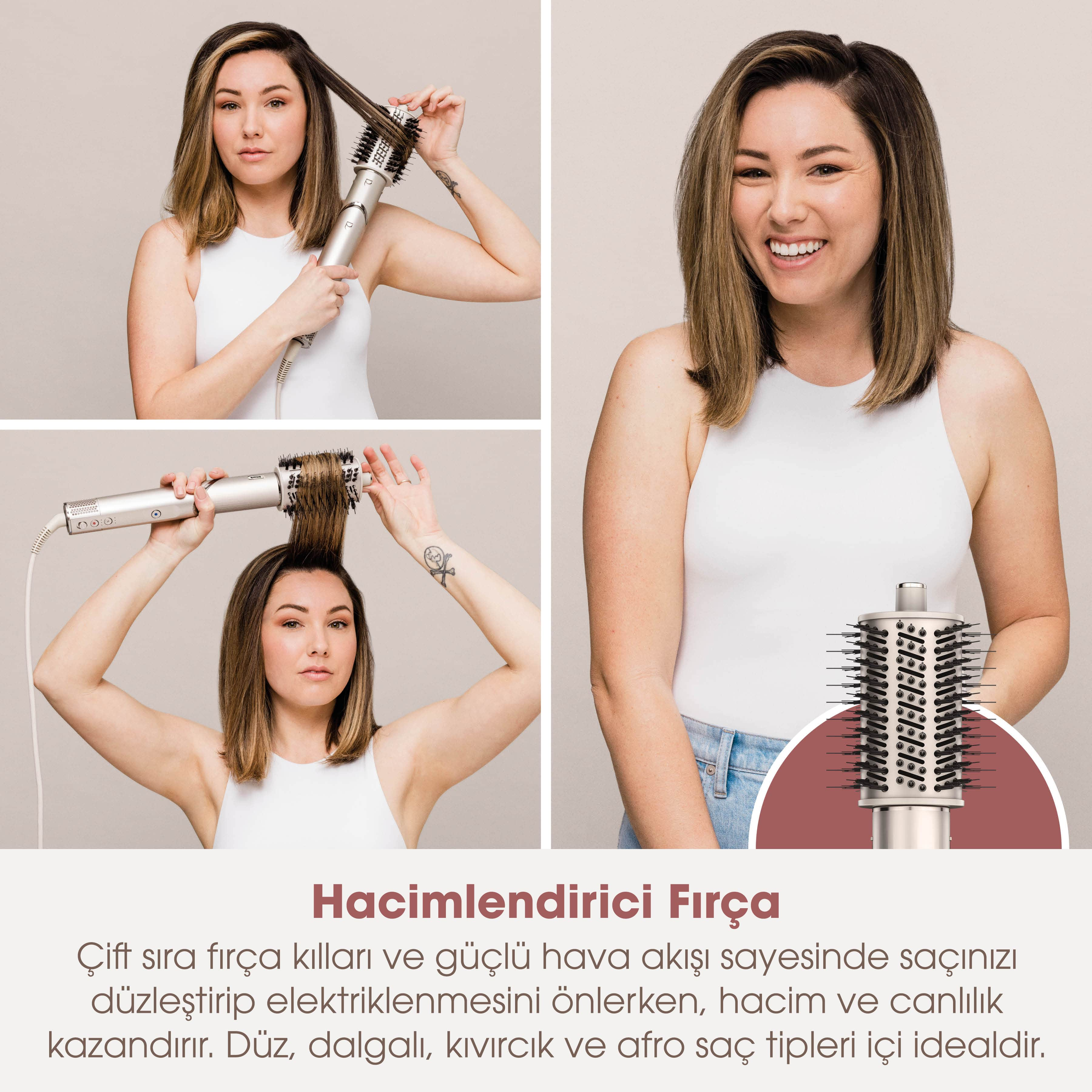 Bir kadın saçlarını hacim veren bir fırça ile şekillendiriyor. Görüntü, fırçayı kullanmasını ve yakın çekimini gösteriyor.