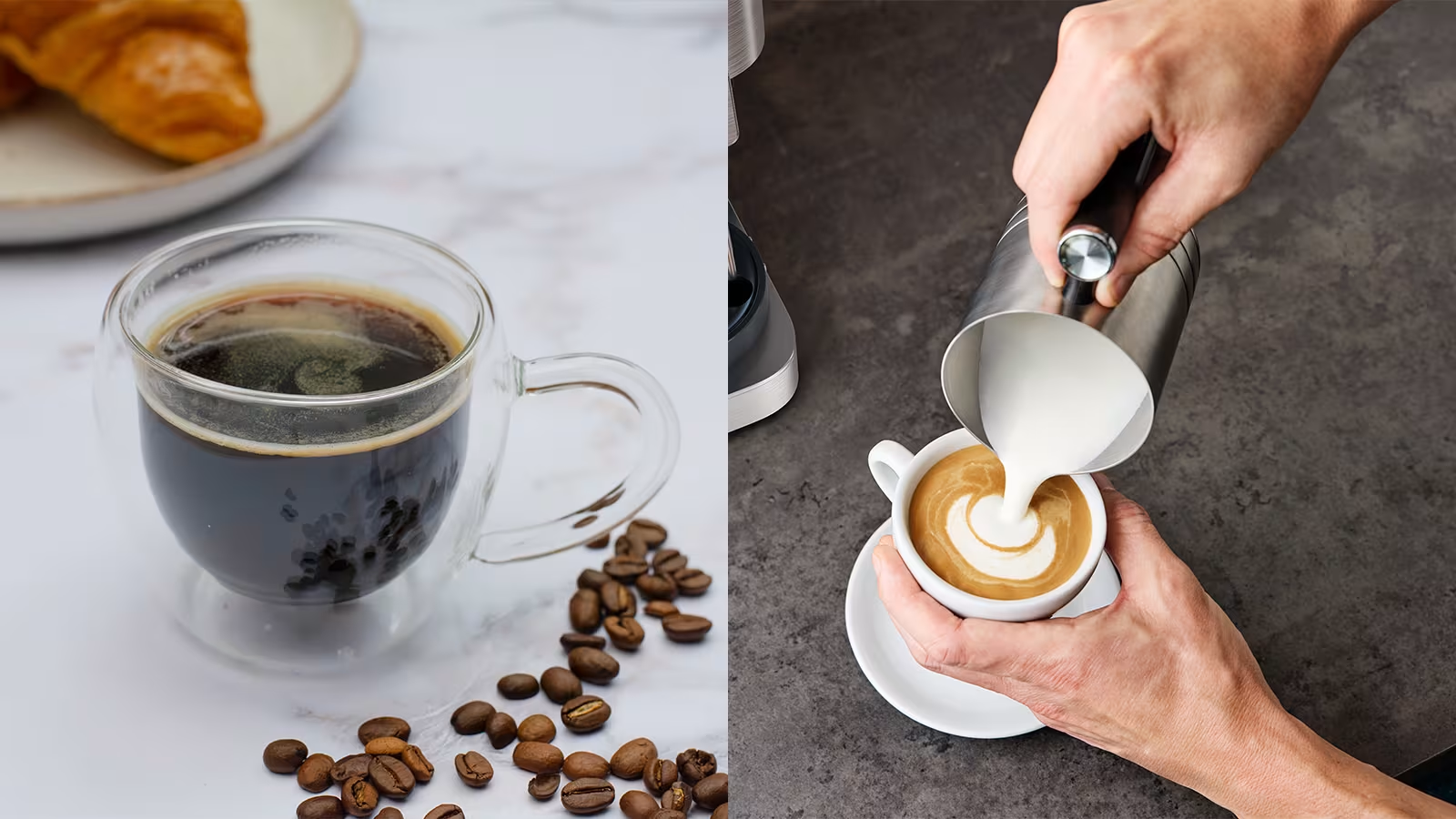 Két kép kávéról. Az egyiken fekete kávé van egy üvegpohárban, bab és péksütemény. A másikon tejet öntenek egy latte-ba.