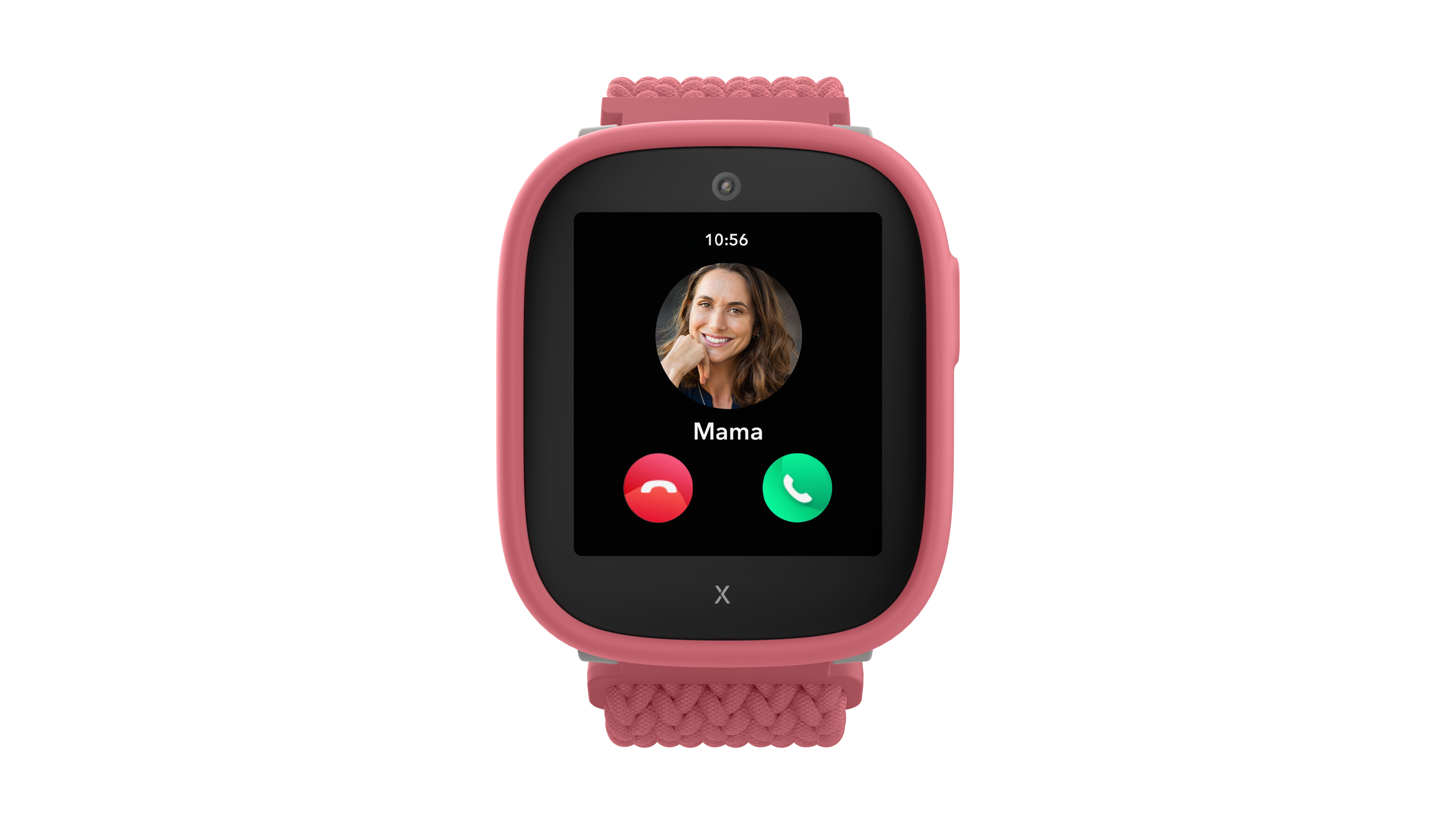 Rosa Smartwatch mit eingehendem Anruf von 'Mama'. Der Bildschirm zeigt ein Foto einer Frau und Annehmen/Ablehnen-Buttons.