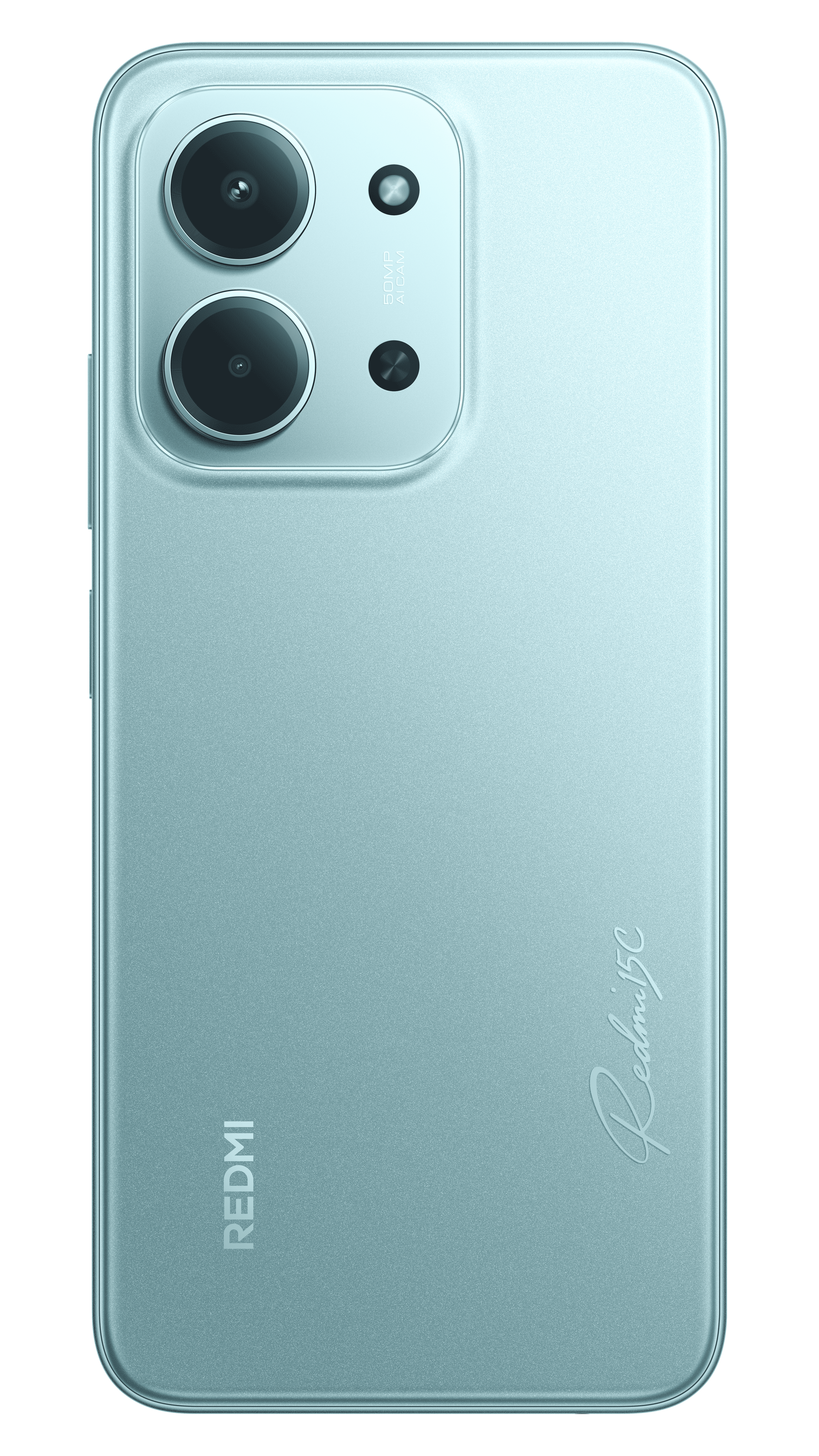 Teal renkli Redmi 5C telefonun arkası. Çift kameralı, flaşlı, Redmi logosu ve model adı var. Arka plan siyah.