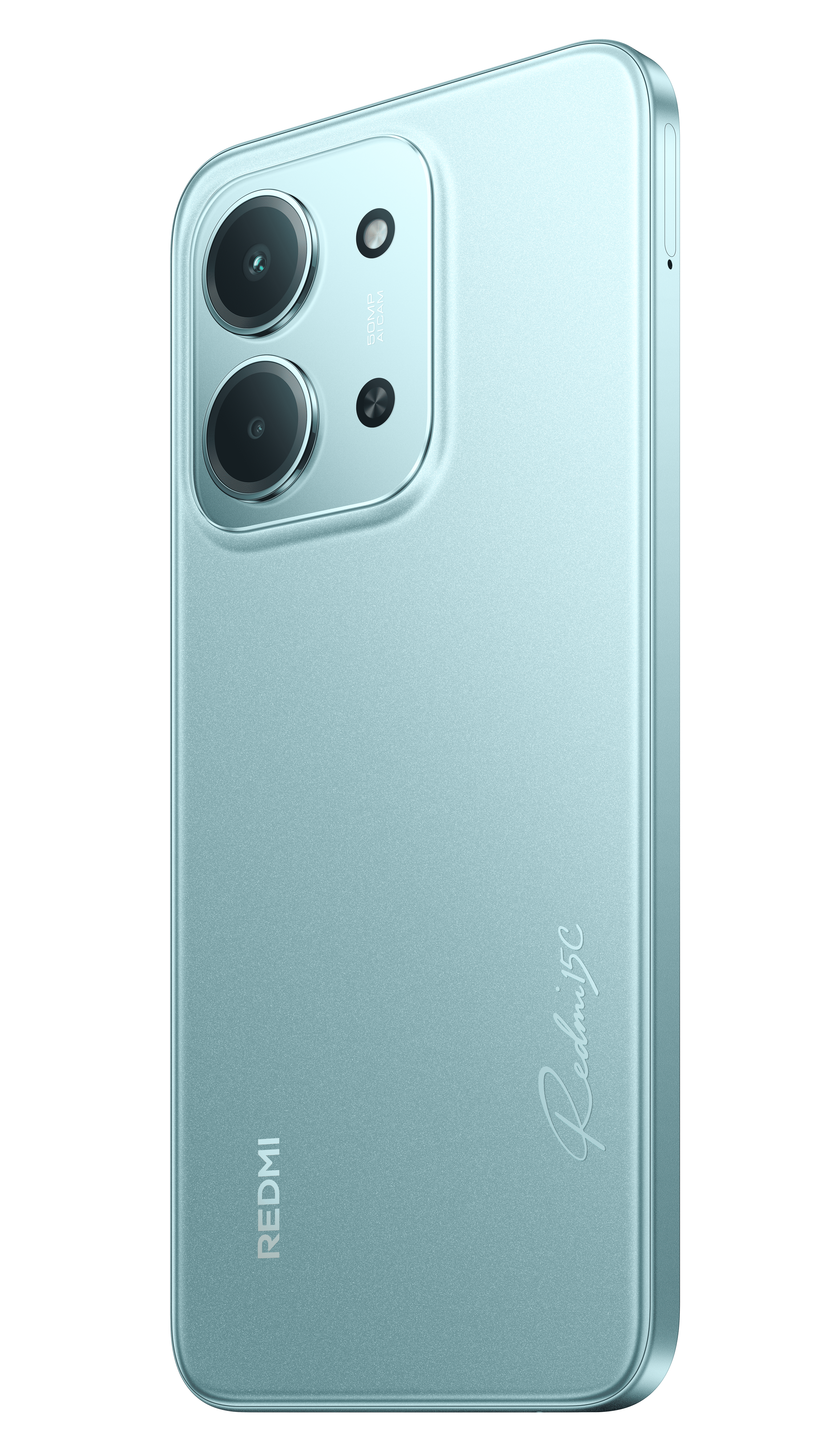 Kamera dizisine sahip açık turkuaz bir akıllı telefon. Telefonda Redmi logosu ve Redmi 5C yazısı var. Siyah arka plan.