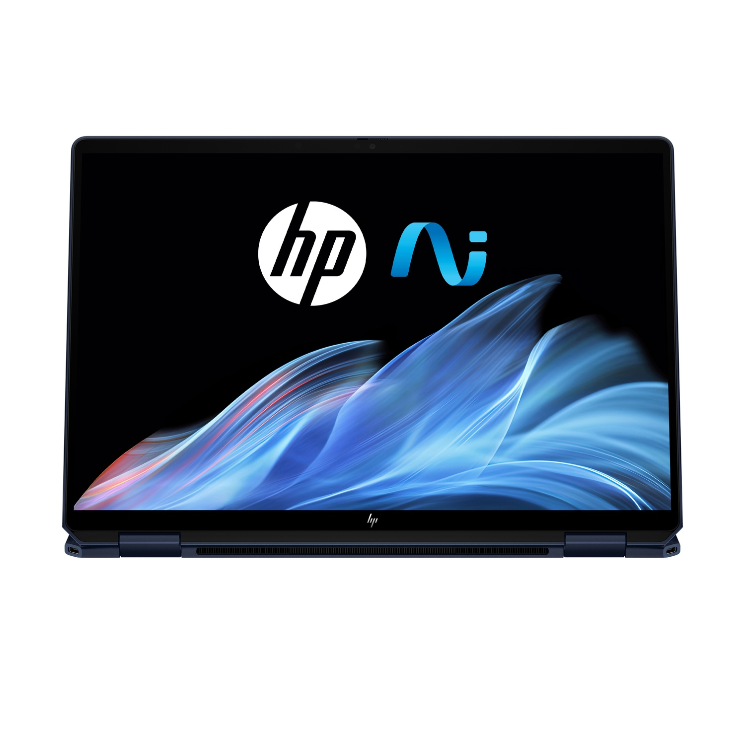 A navy blue laptop with a black screen displaying the HP and AI logos, set against an abstract blue background. The laptop is open.