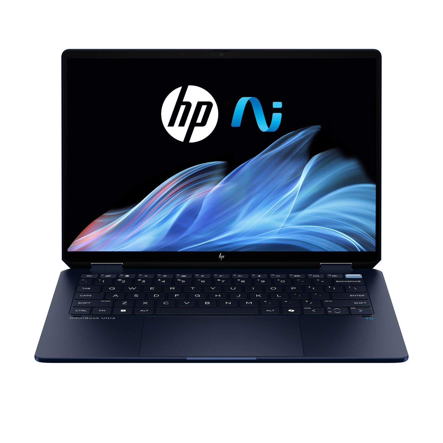A blue HP OmniBook Ultra laptop is open. The screen displays the HP logo and a blue wave design. The keyboard is visible.