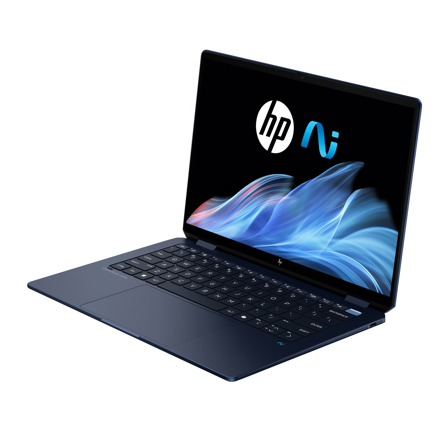 A navy blue HP laptop is open on a white background. The screen displays a logo. The keyboard and touchpad are visible.