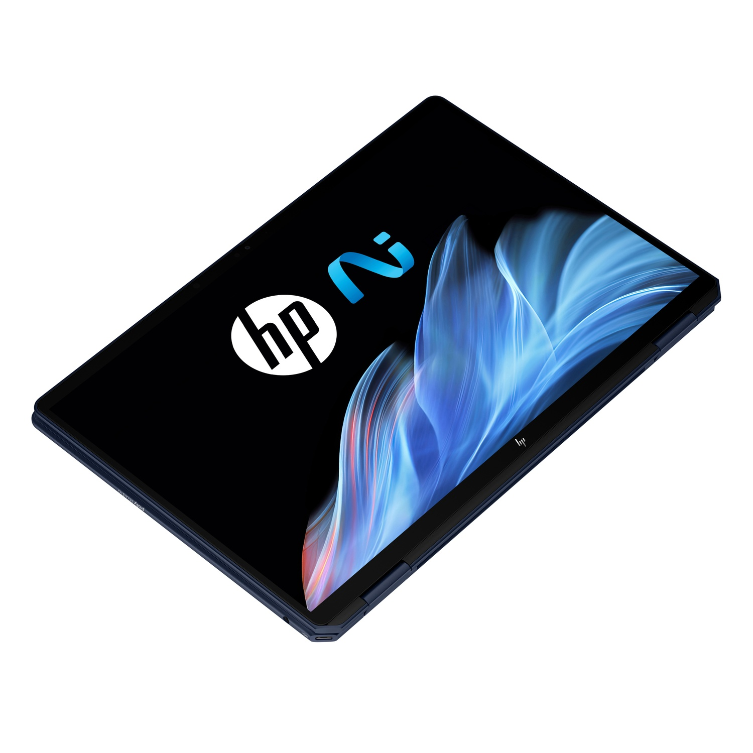 An HP Spectre x360 laptop on a white background. The screen displays the HP logo and a blue design. The laptop is dark blue.