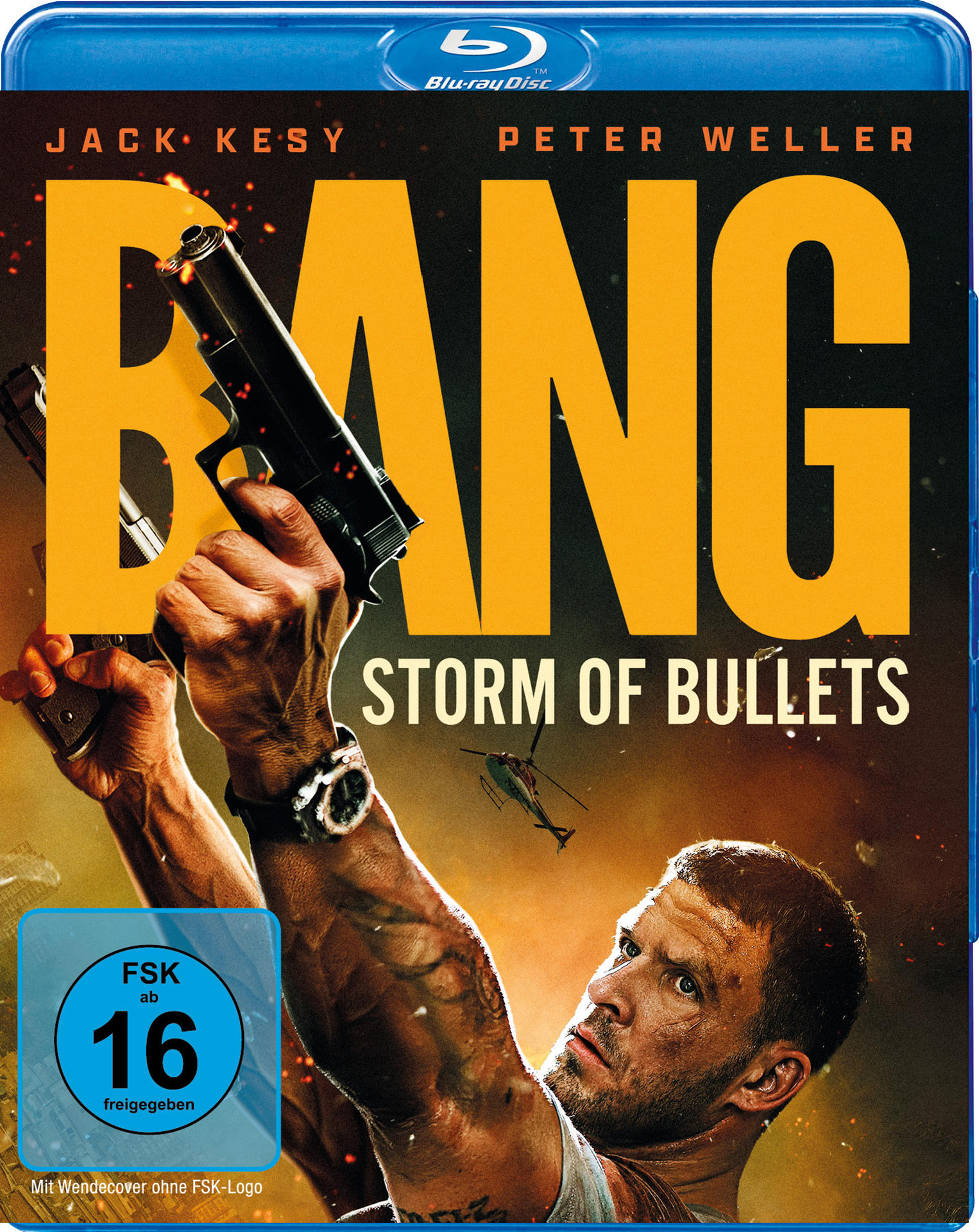 Filmcover mit einem Mann, der Waffen hält, dem Titel 'BANG' und einem Hubschrauber im Hintergrund. Freigegeben ab FSK 16.