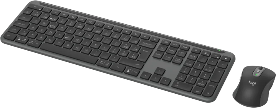 Un ensemble clavier et souris gris foncé. Le clavier a des touches et la souris une molette de défilement et un logo.