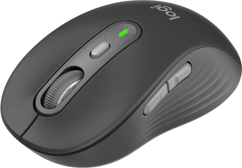 Souris sans fil Logitech gris foncé avec SmartWheel, boutons et molette. Une lumière verte est allumée. Le logo est en haut.