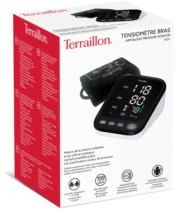 Une boîte de tensiomètre Terraillon. Elle montre l'appareil, le brassard et l'écran avec les mesures. Texte en plusieurs langues sur la boîte.