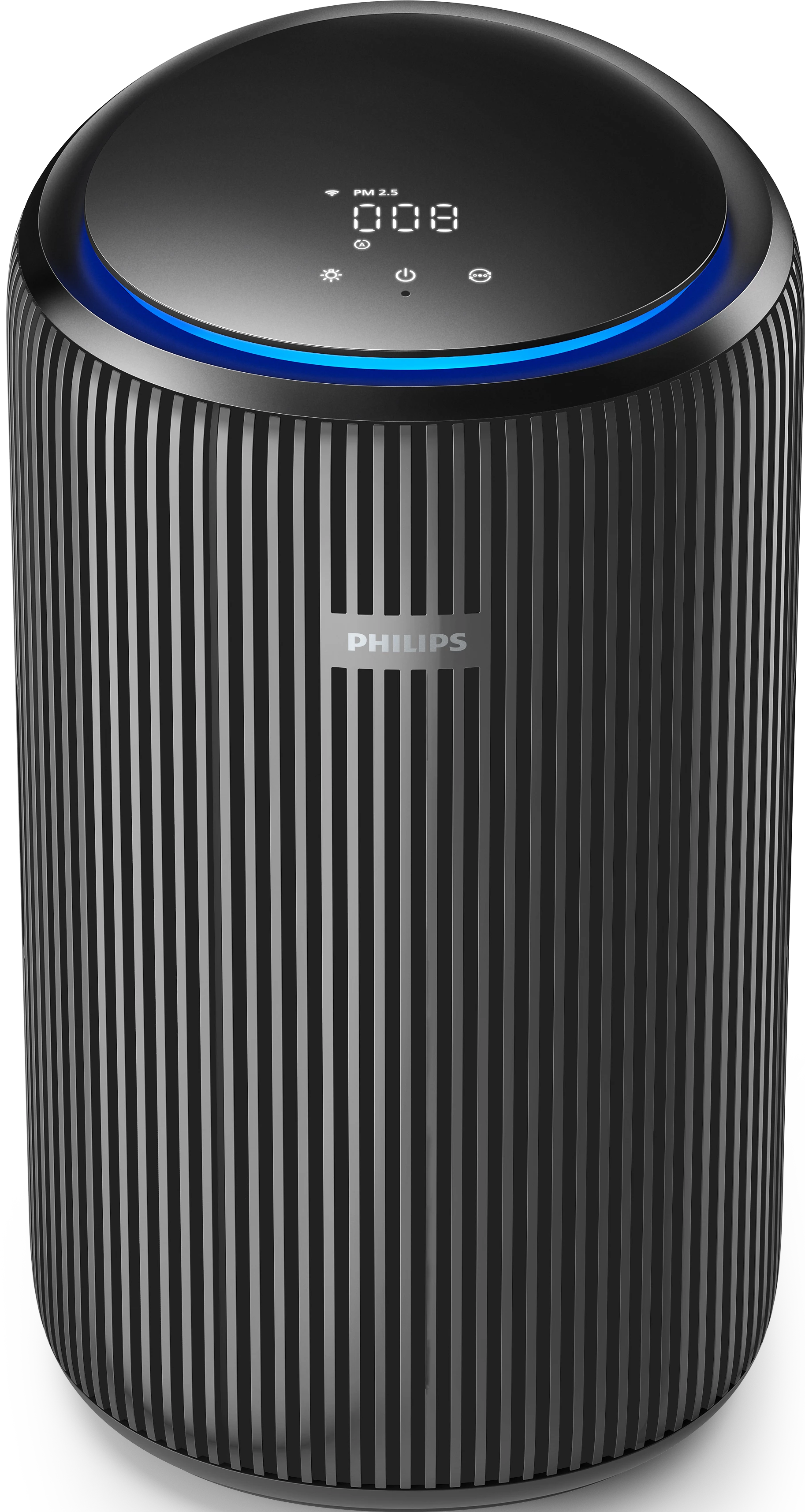 Un purificateur d'air cylindrique noir avec des lignes verticales. Un affichage numérique affiche '008'. La marque 'PHILIPS' est affichée.