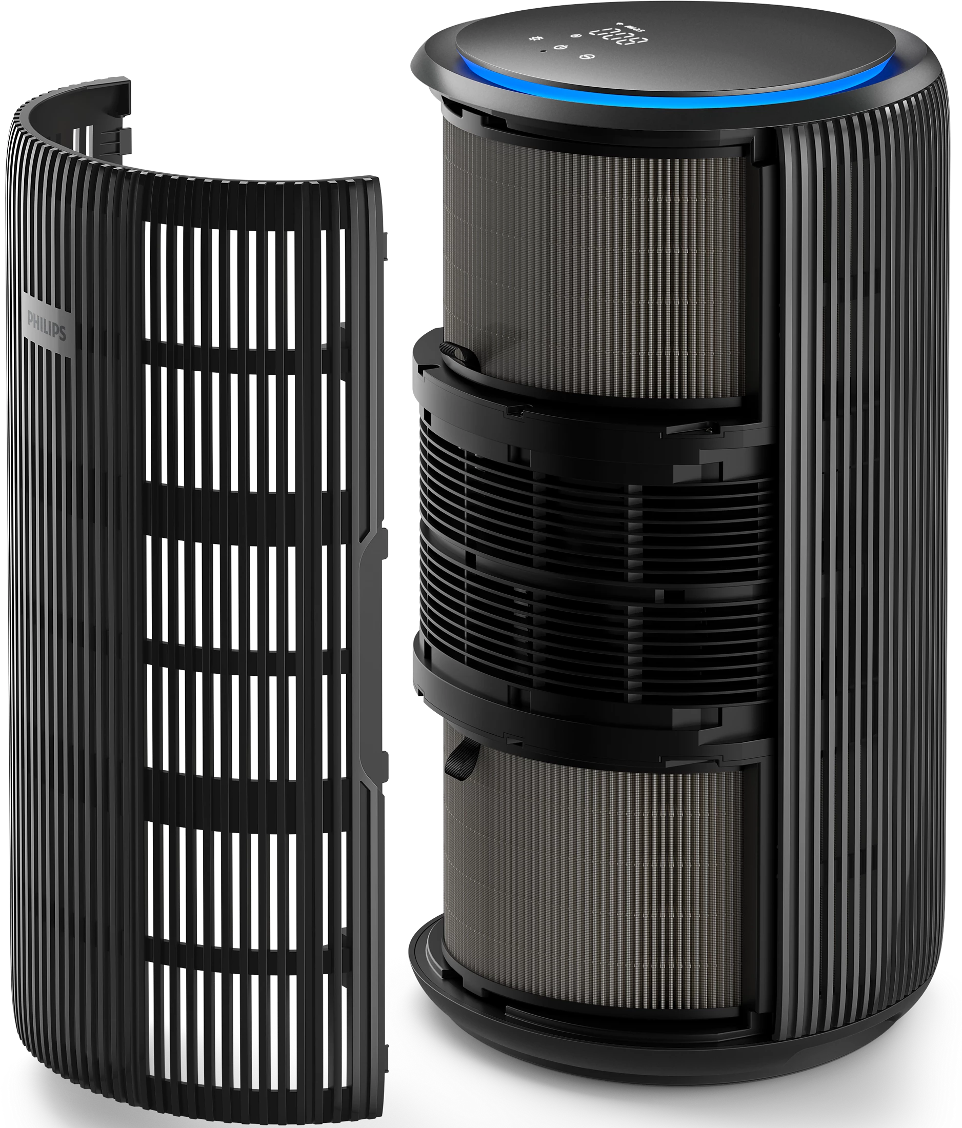 Purificateur d'air noir avec filtre visible. Un panneau est ouvert, révélant le filtre. Logo Philips. Affichage numérique en haut.