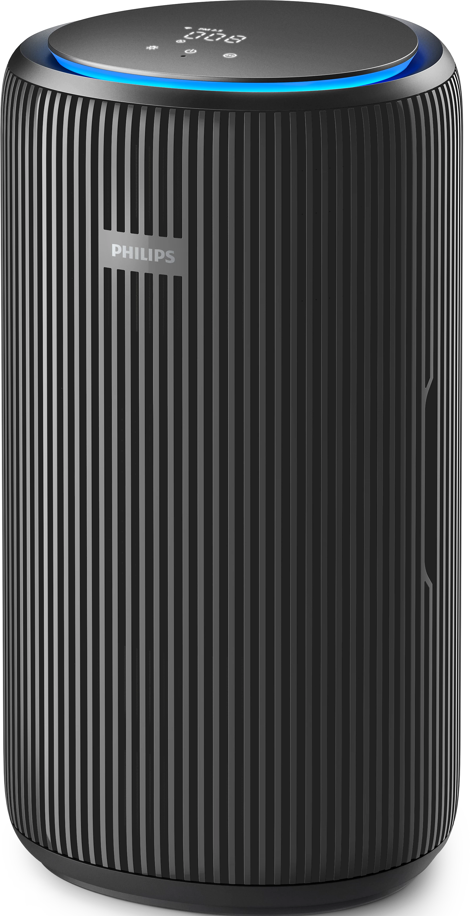 Un purificateur d'air cylindrique. Il est noir avec des lignes verticales et un dessus avec une lumière bleue.