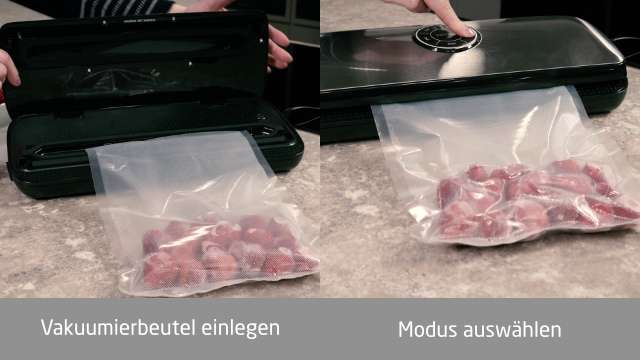 Ein Vakuumiergerät mit Beutel voller roter Früchte. Eine Person legt den Beutel ein, eine andere drückt eine Taste.