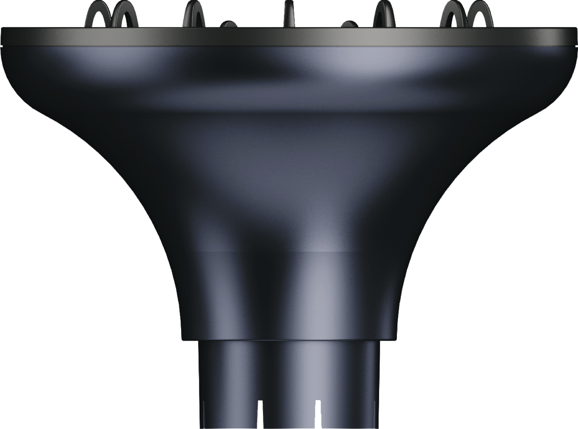 Accessoire de sèche-cheveux noir avec poignées incurvées sur le dessus, un corps évasé et une base avec des sorties d'air, sur fond blanc.