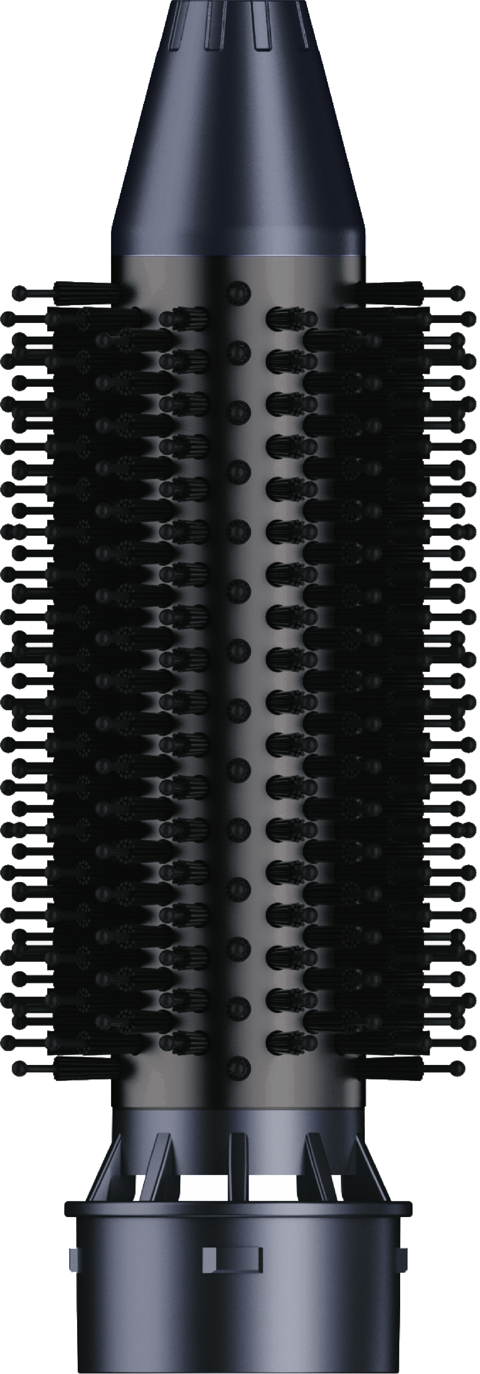 Un outil de coiffure noir et gris. Il a des poils et un corps cylindrique. Le dessus a une forme de cône.