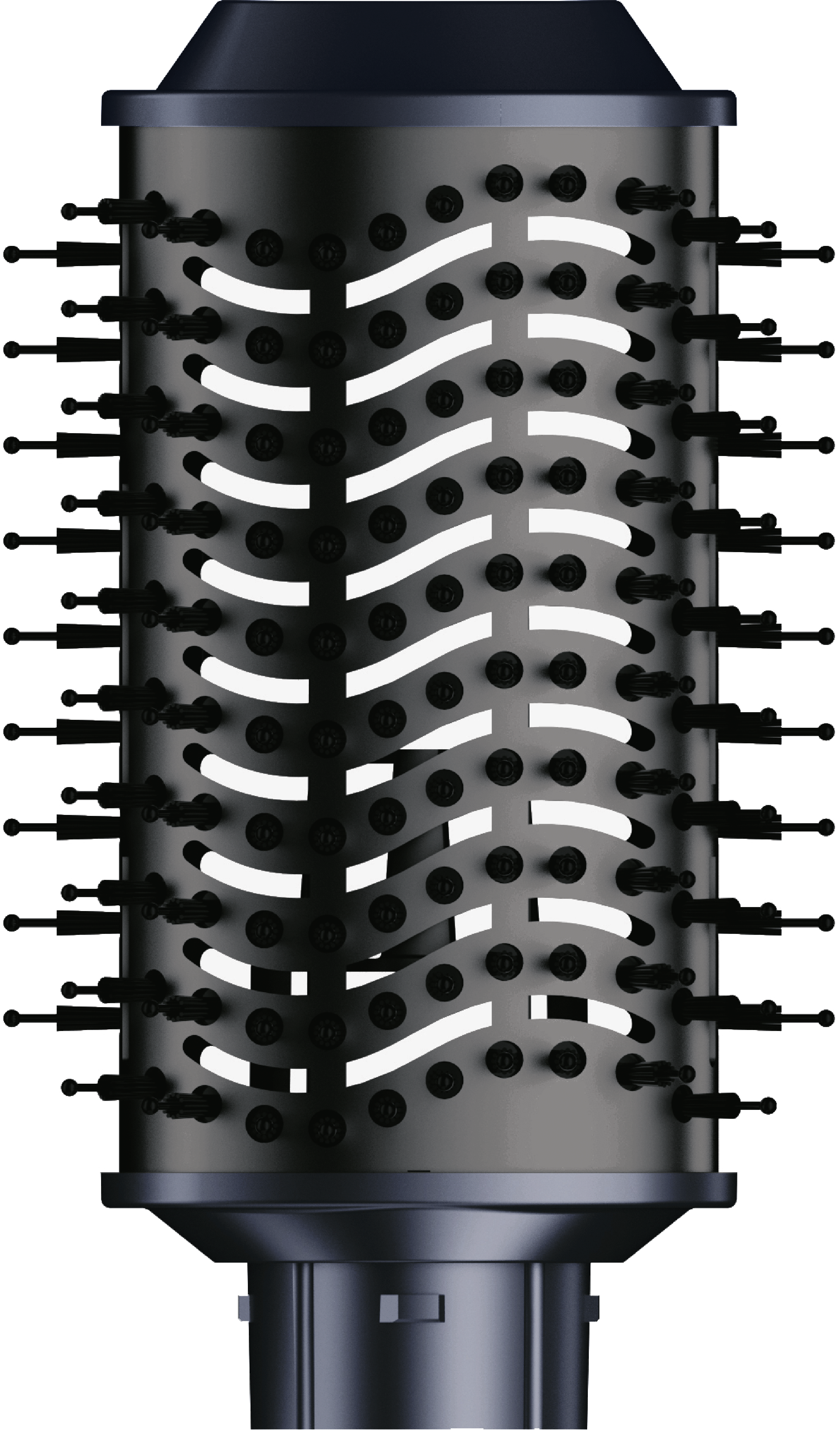 Une fixation de sèche-cheveux noire et grise. Il a une forme cylindrique avec des ouvertures incurvées blanches et des poils noirs.