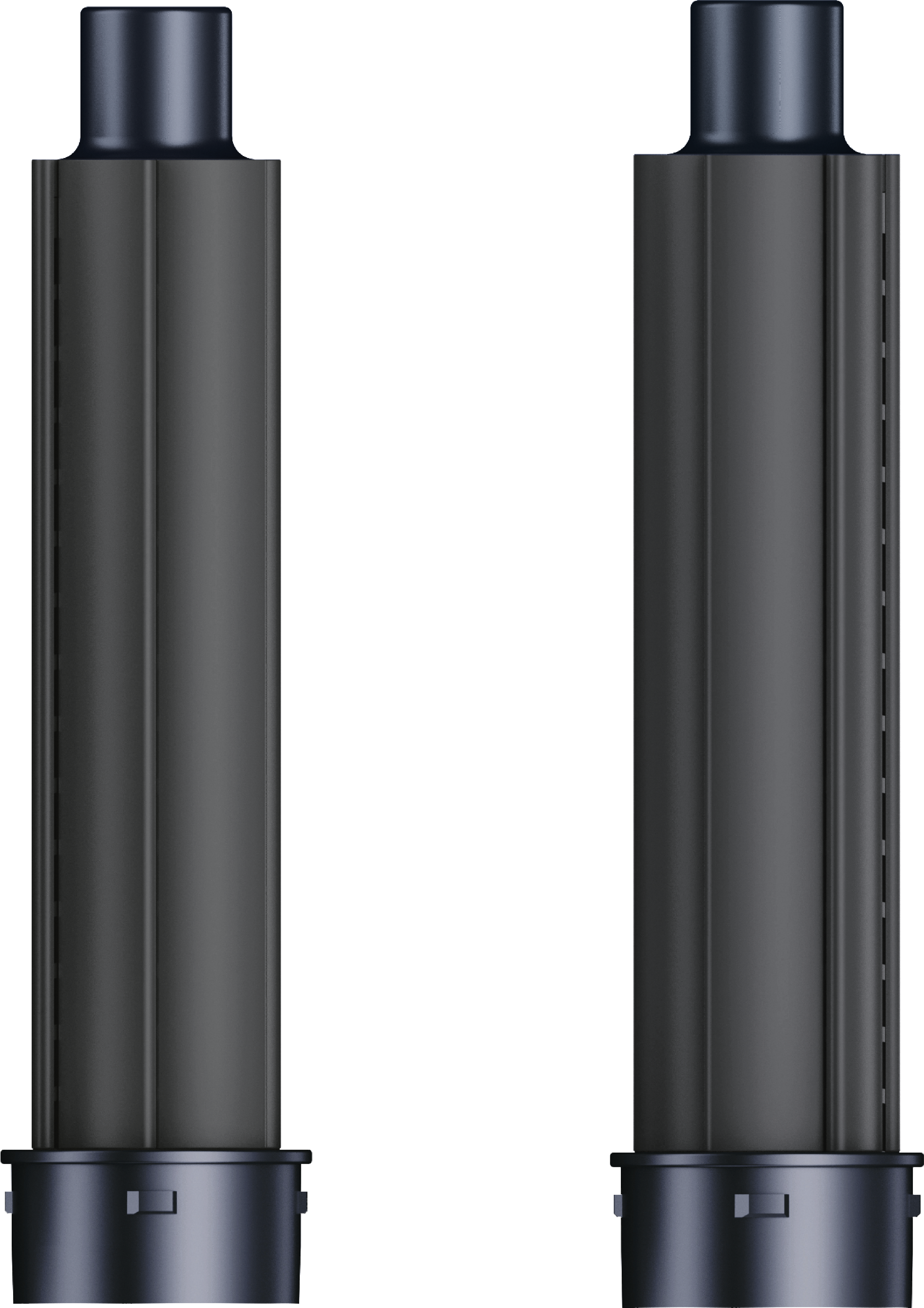 Deux grands objets gris foncé se dressent côte à côte sur un fond blanc. Ils ont une forme cylindrique avec le dessus et le dessous bleu foncé.
