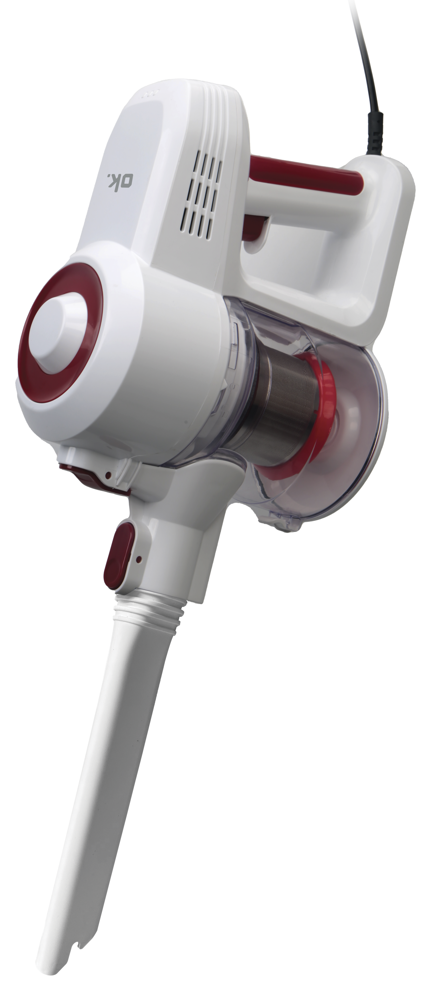 Un aspirateur à main blanc et rouge, avec la marque "ok" imprimée. Il est sur fond noir et possède un cordon noir.