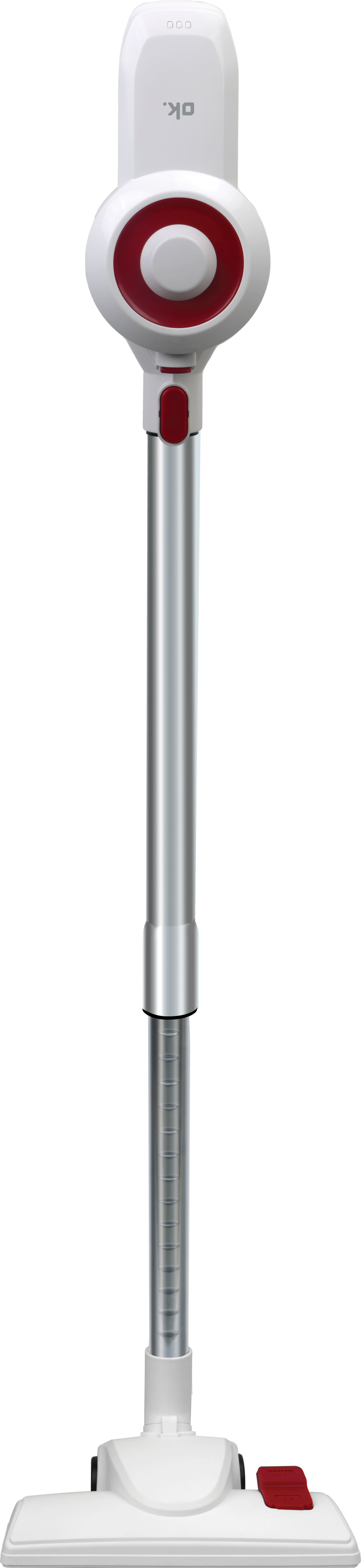 Un aspirateur sans fil blanc et rouge sur fond noir. Design élégant et moderne, avec une longue poignée.