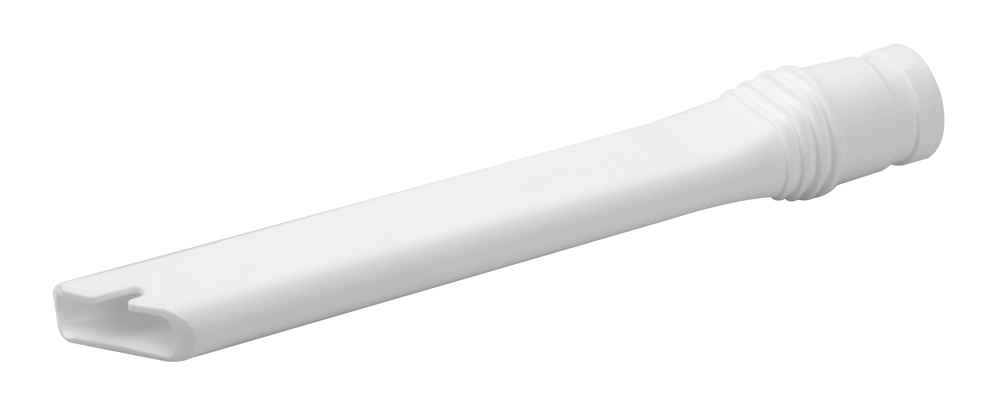 Un accessoire d'aspirateur en plastique blanc. Il a une forme longue et rectangulaire et une extrémité ronde.