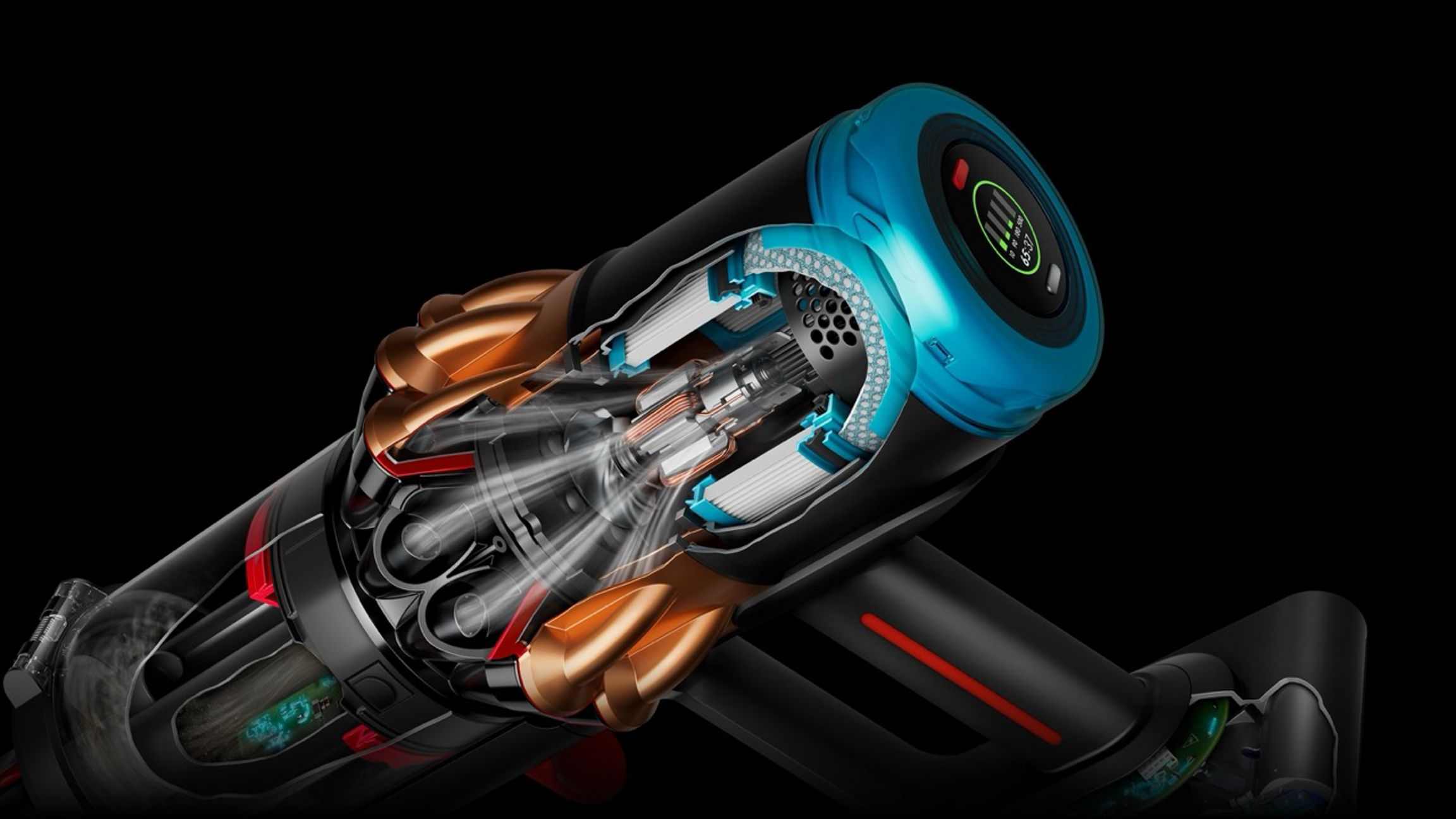 Vue en coupe d'un aspirateur Dyson. Montre les composants internes : moteur, filtres et flux d'air. Noir et bleu avec des accents cuivrés.