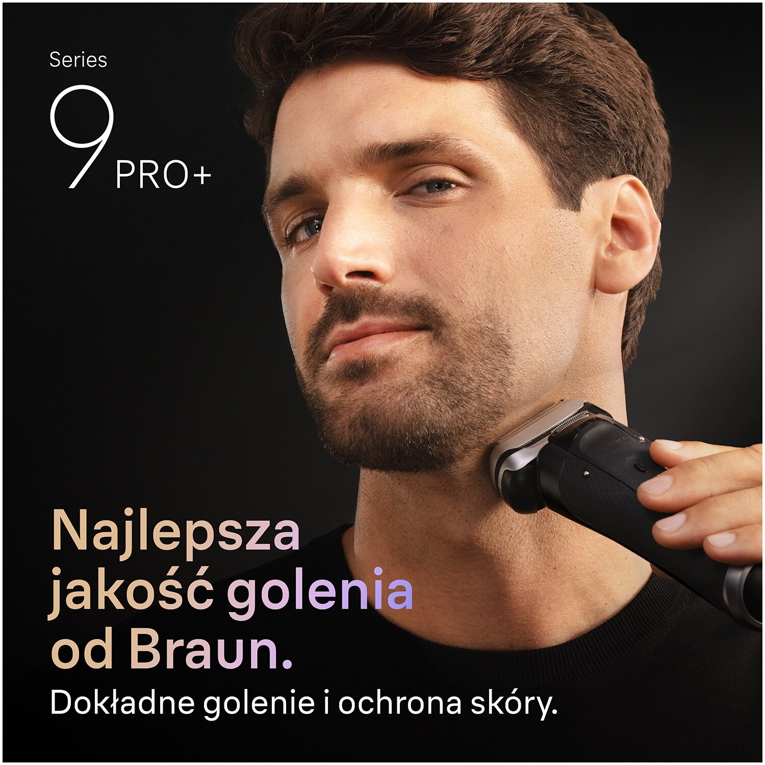Mężczyzna goli szyję czarną golarką elektryczną. Tekst: Najlepsza jakość golenia od Braun. Precyzyjne golenie i ochrona skóry.