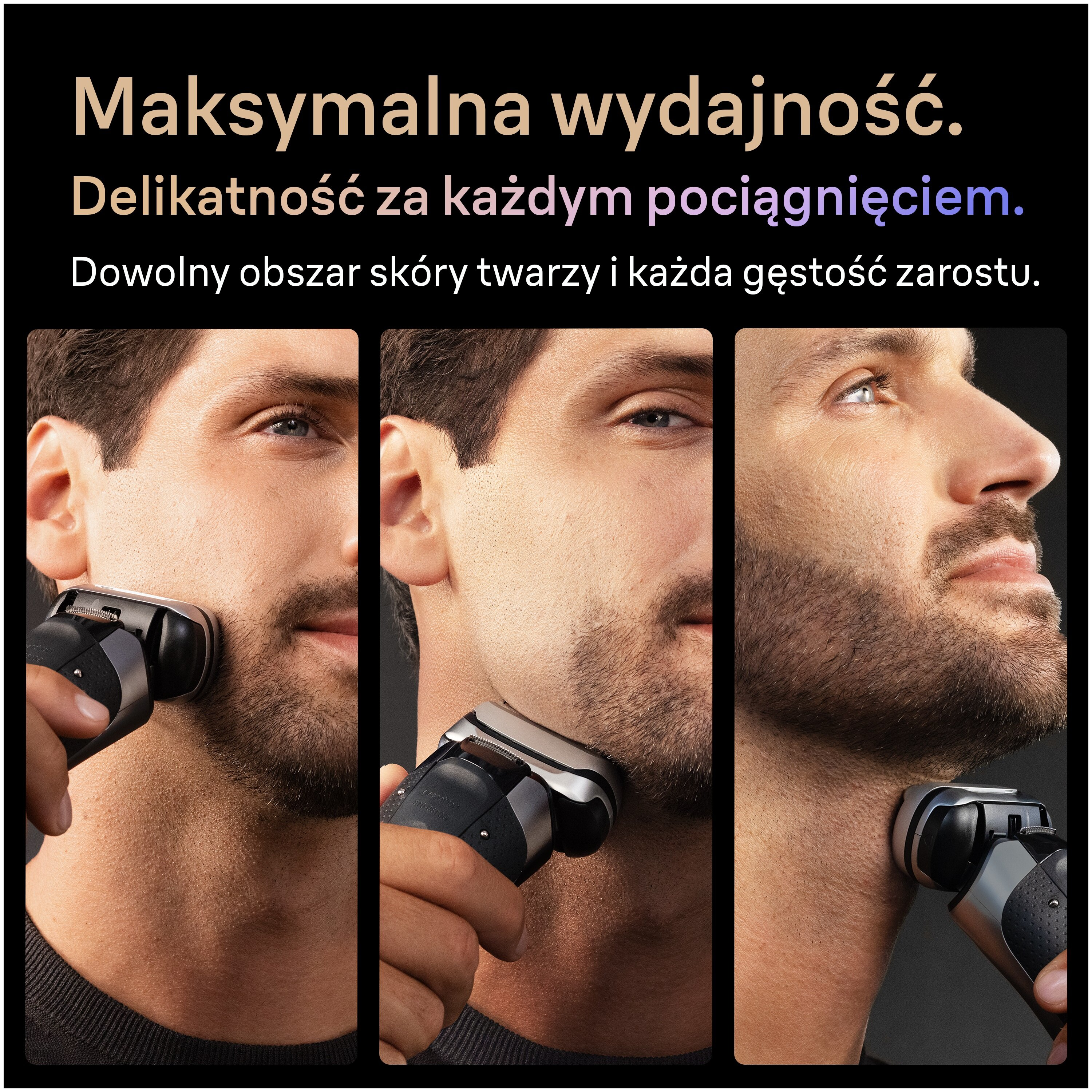 Mężczyzna goli się golarką elektryczną. Obraz podzielony jest na trzy sekcje, z których każda pokazuje inną część twarzy.