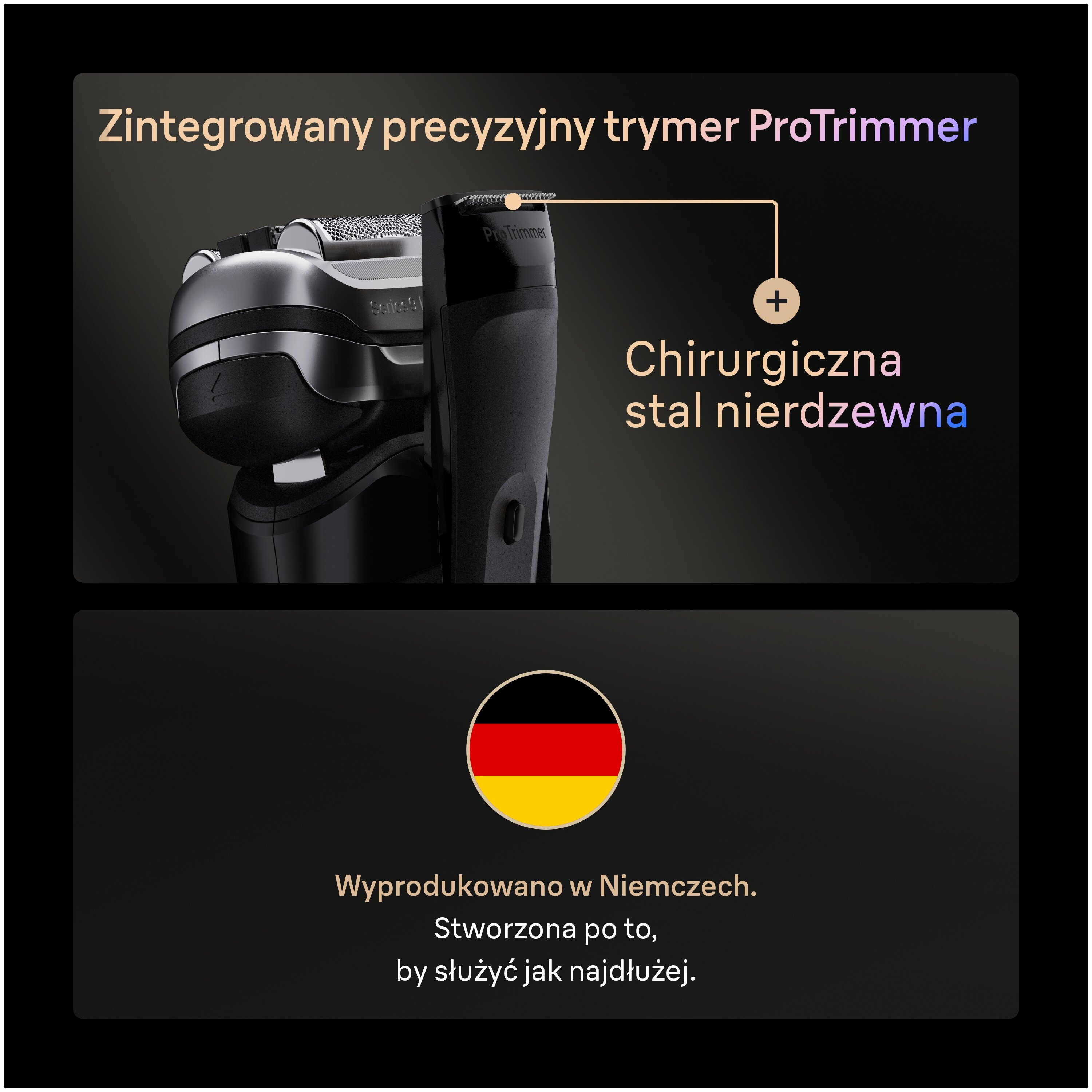 Obraz przedstawia czarną golarkę z tekstem. Ma ProTrimmer, chirurgiczną stal nierdzewną i flagę Niemiec.