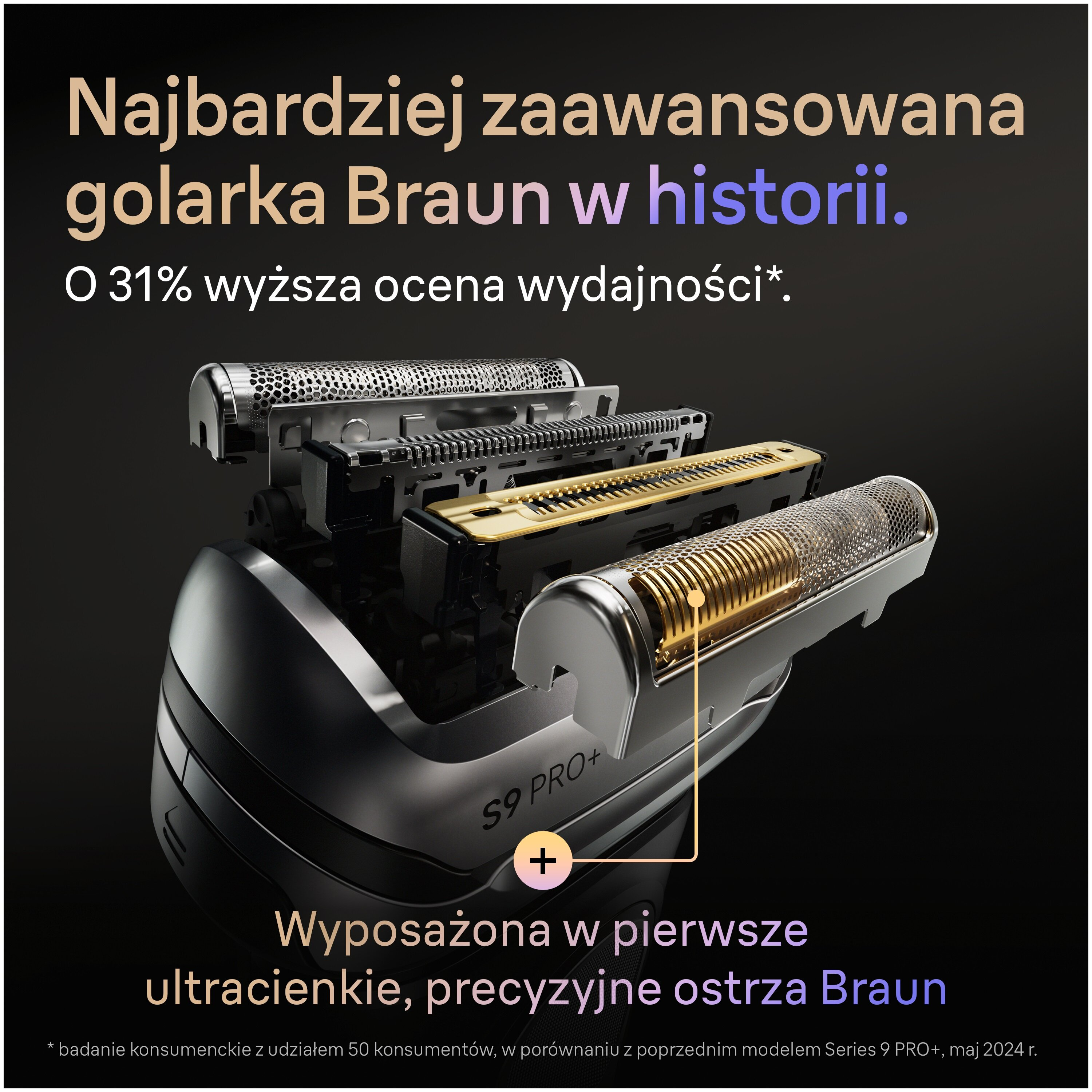 Obrazek przedstawia golarkę Braun Series 9 Pro+, podkreślającą jej cechy, z tekstem po polsku. Golarka ma trzy głowice tnące.