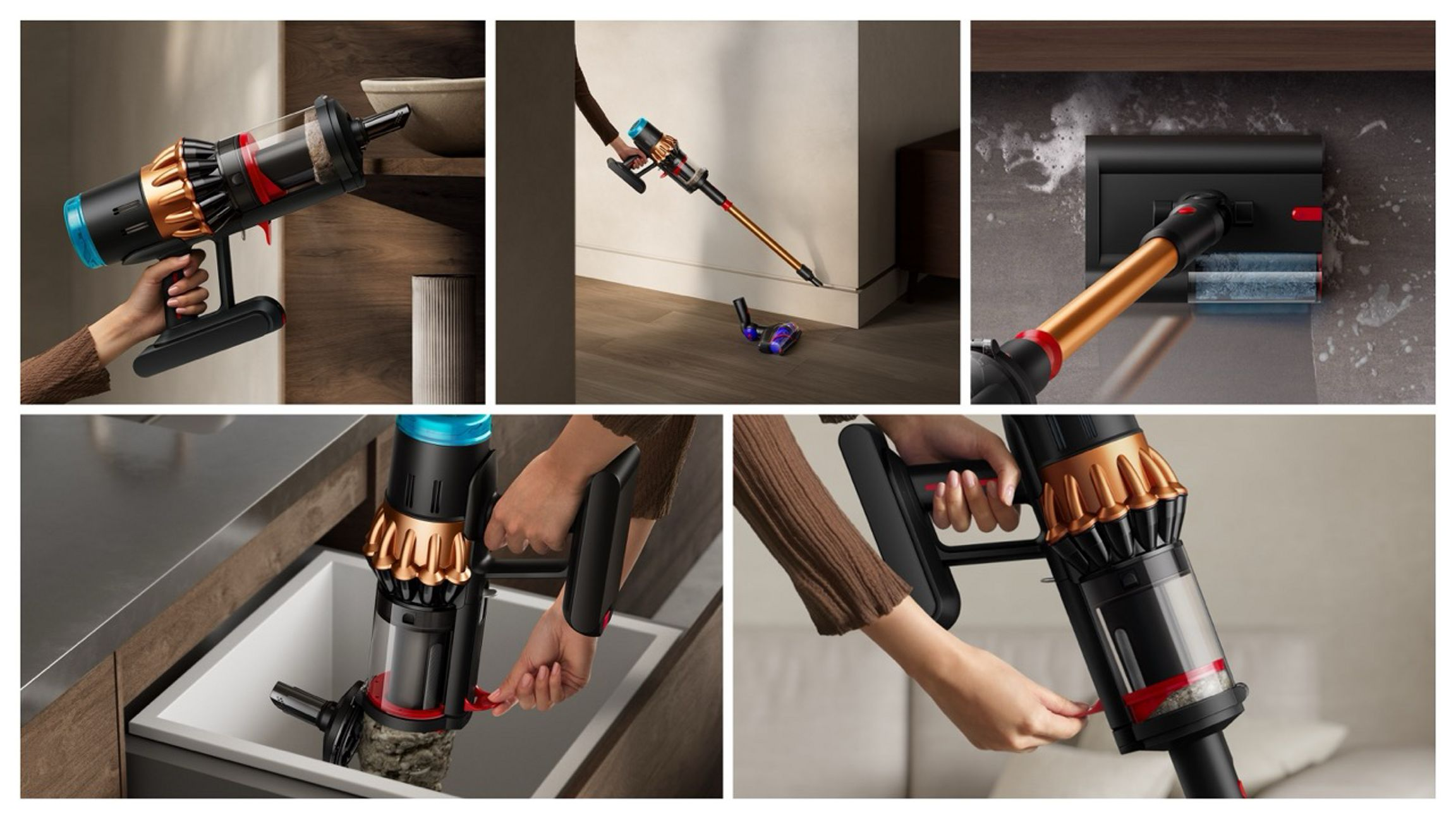 Un aspirateur sans fil en plusieurs vues. Il est noir, or et rouge, présenté en utilisation sur les sols, étagères et armoires.