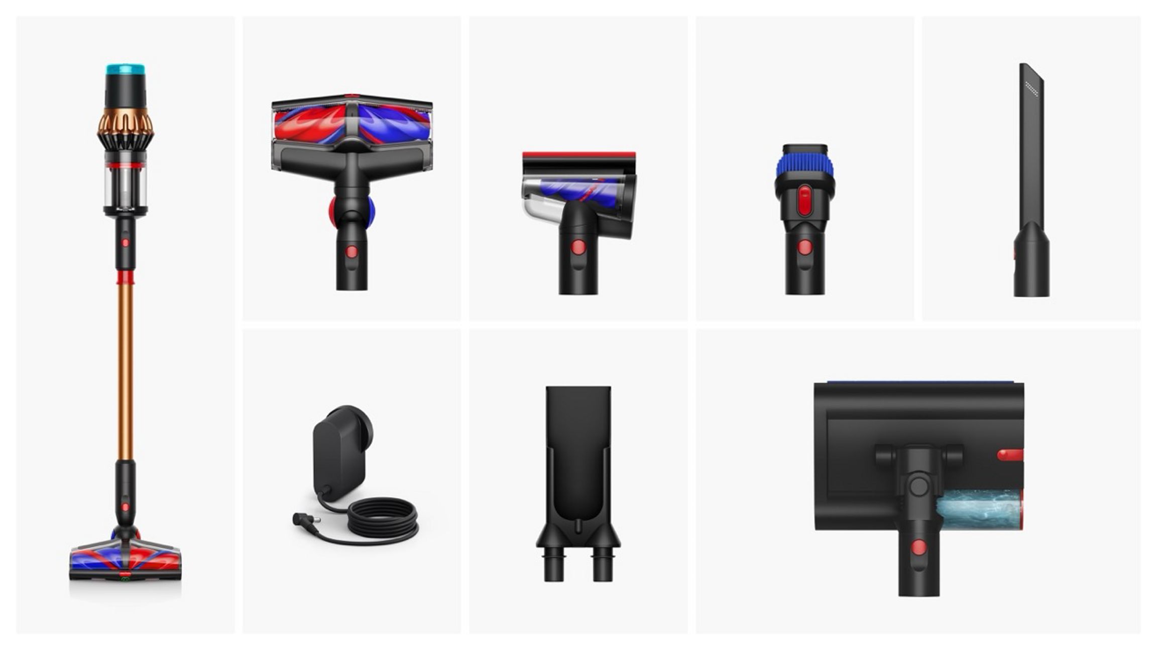 Un aspirateur sans fil Dyson et ses accessoires sont affichés sur fond blanc. Comprend des têtes de brosse, un chargeur et des accessoires.