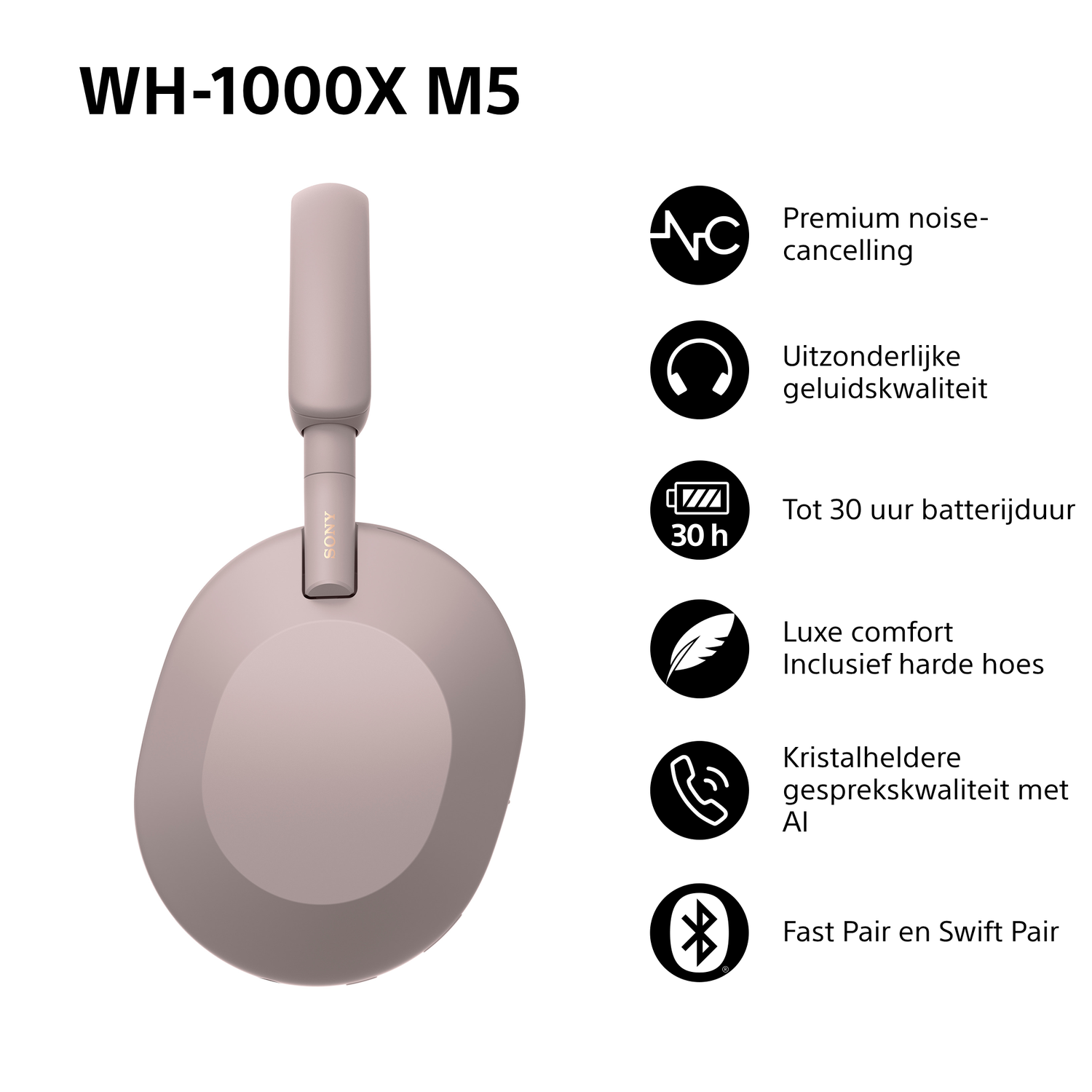 A pinkish-beige Sony WH-1000XM5 headphones, with features icons. Includes noise cancelling, exceptional sound, 30h battery, and fast pairing.