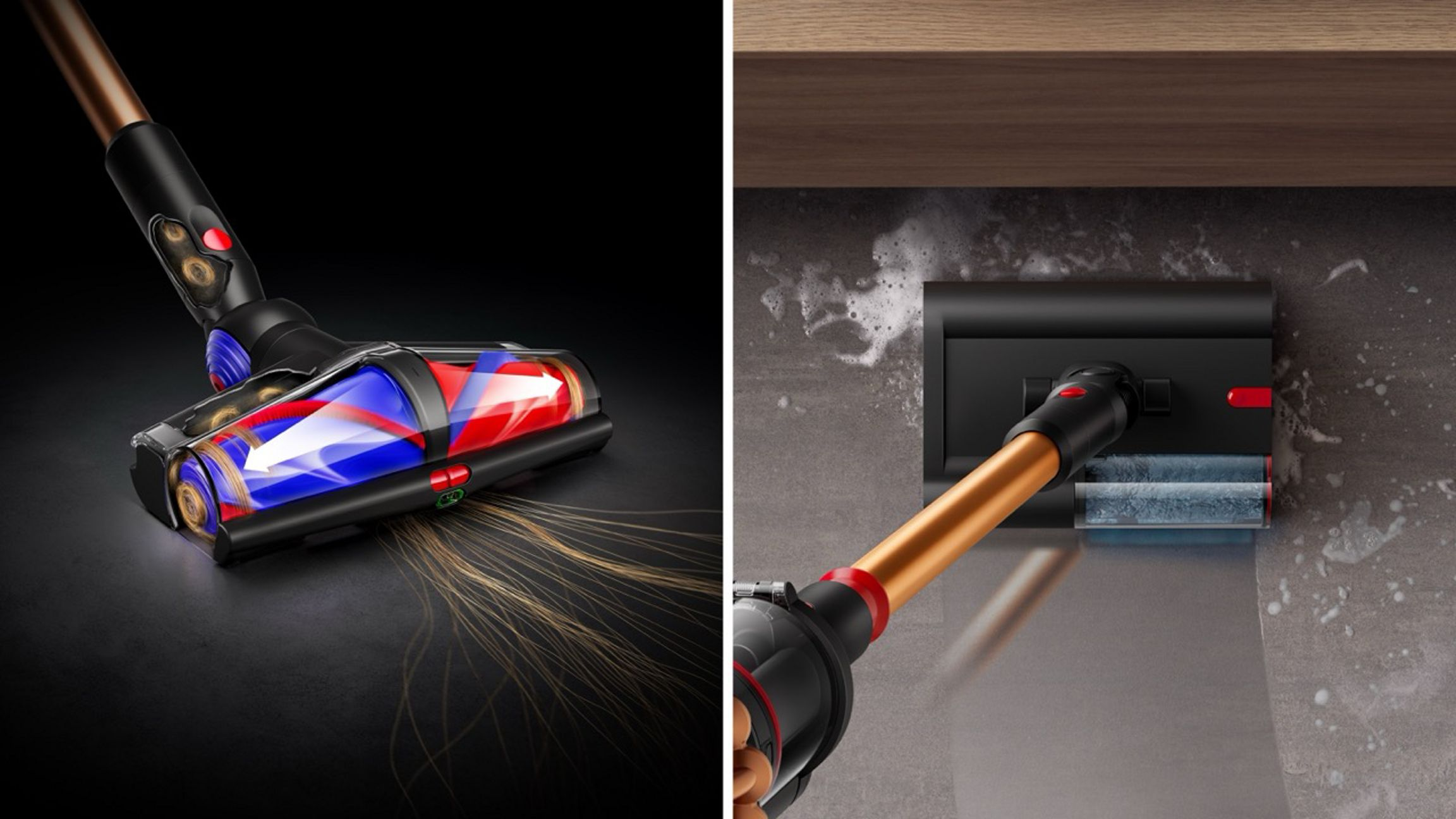 Un aspirateur avec des composants noirs, rouges et bleus. Il est montré en train de nettoyer un sol sombre et une surface mouillée.