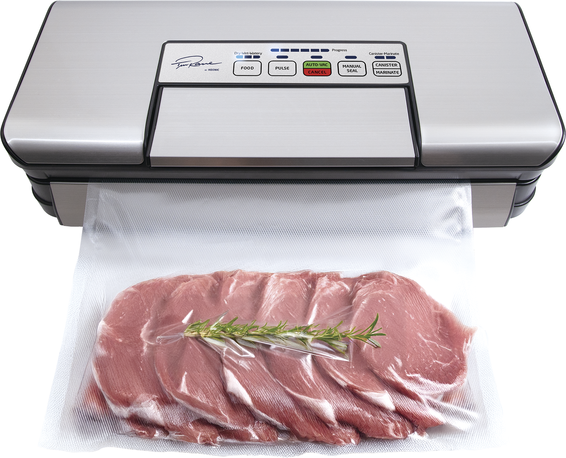 Vakuumiergerät, das einen Beutel mit rohem Fleisch und Rosmarin versiegelt. Die Maschine ist silberfarben mit Knöpfen.