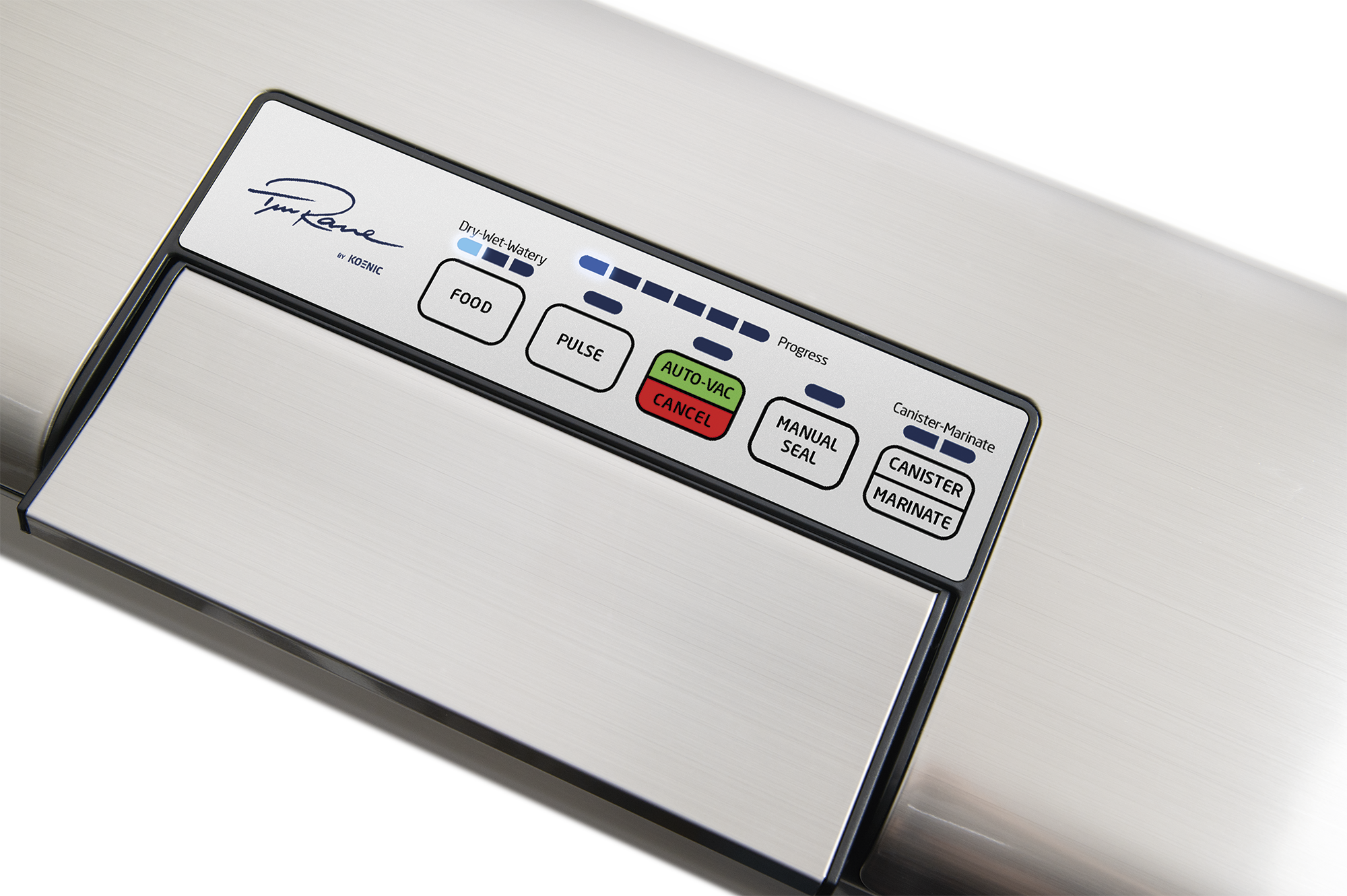 Nahaufnahme eines Bedienfelds eines Vakuumiergeräts. Knöpfe: 'Food', 'Pulse', 'Auto-Vac', 'Cancel', 'Manual Seal', 'Canister'.