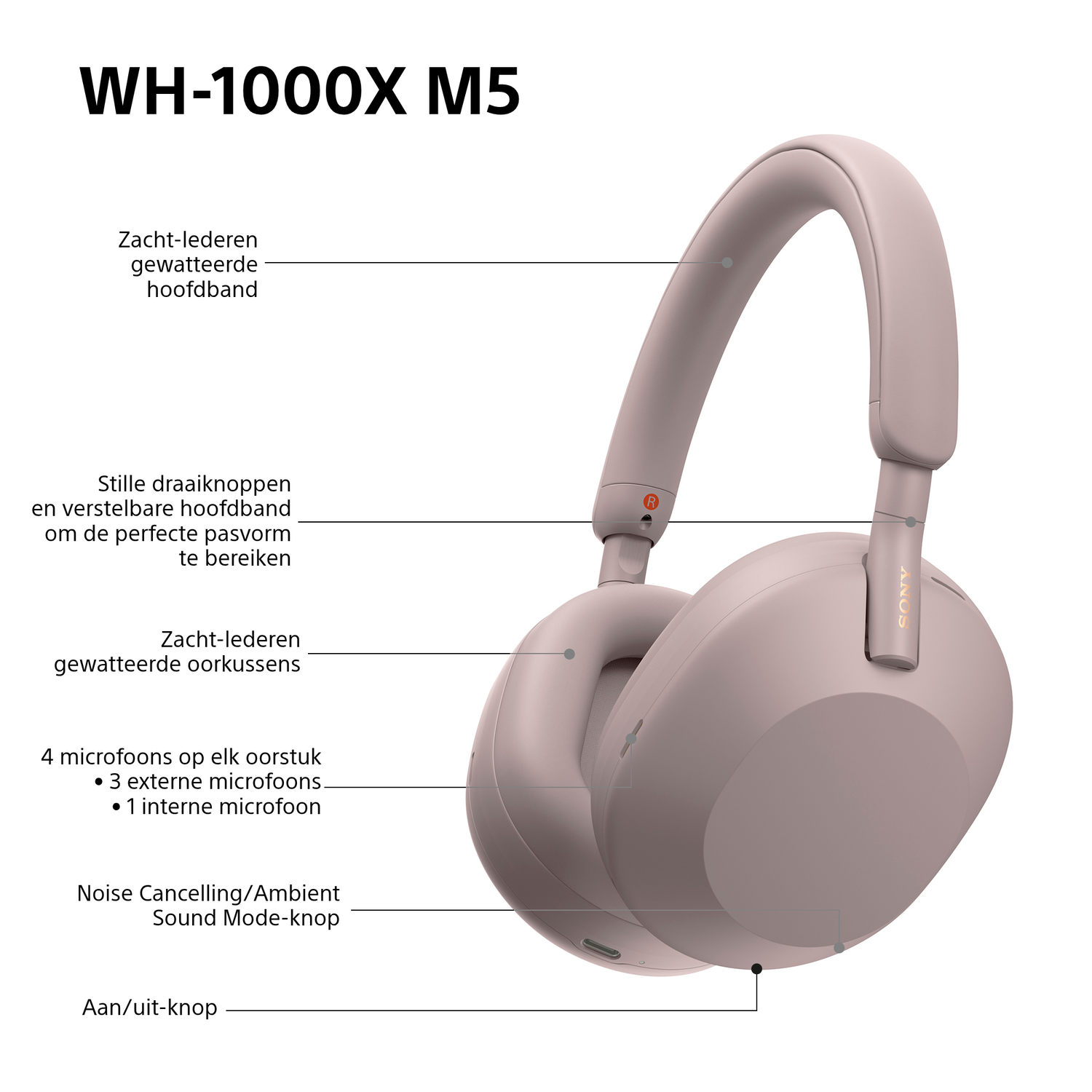 A pink Sony WH-1000XM5 headphone is displayed. Features include soft leather ear cushions, noise canceling, and ambient sound mode.