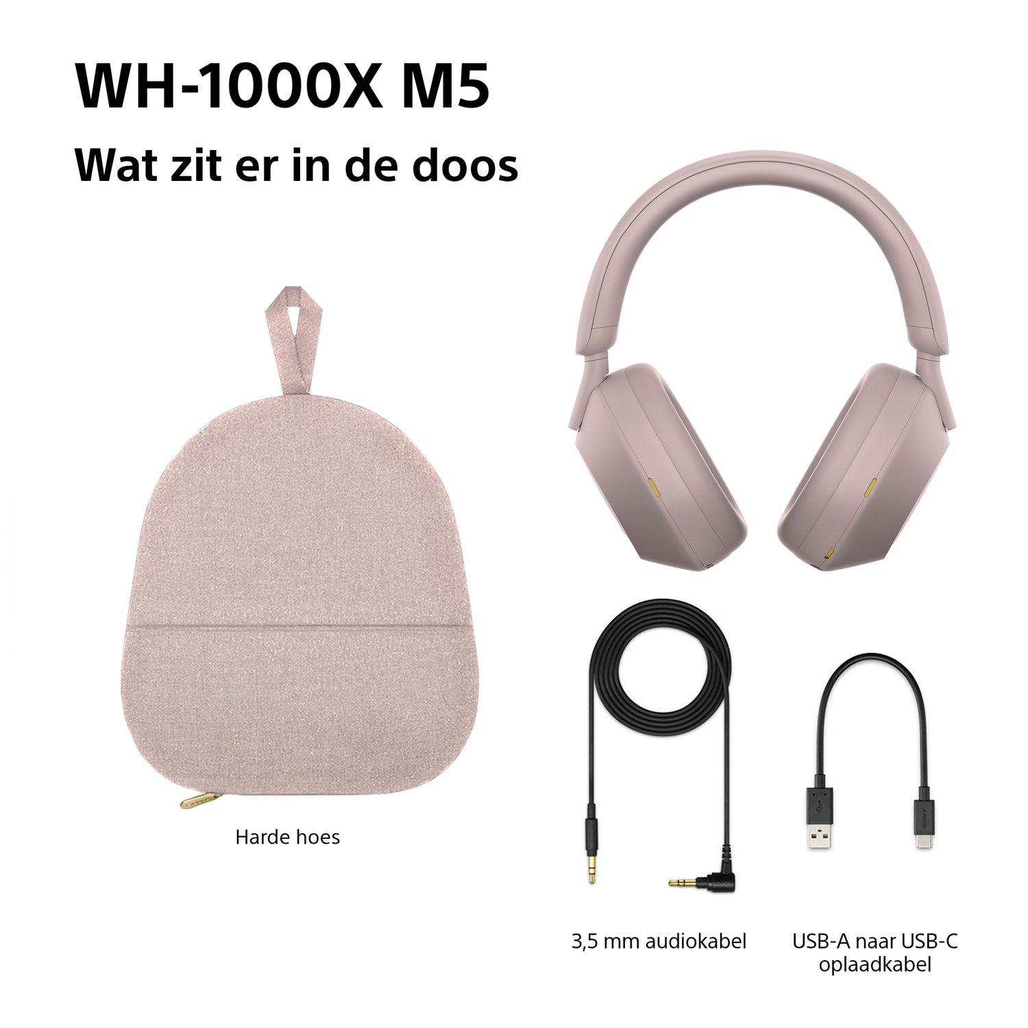 Image shows the contents of a WH-1000XM5 box: headphones, carrying case, audio cable, and USB-C charging cable.