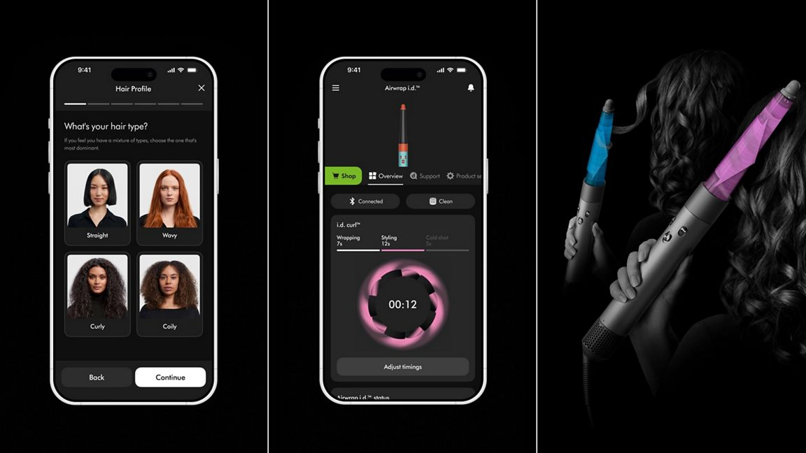 L'image montre une application de profil capillaire sur le téléphone. Les choix sont les types de cheveux raides, ondulés, bouclés et crépus. Le fond est noir.