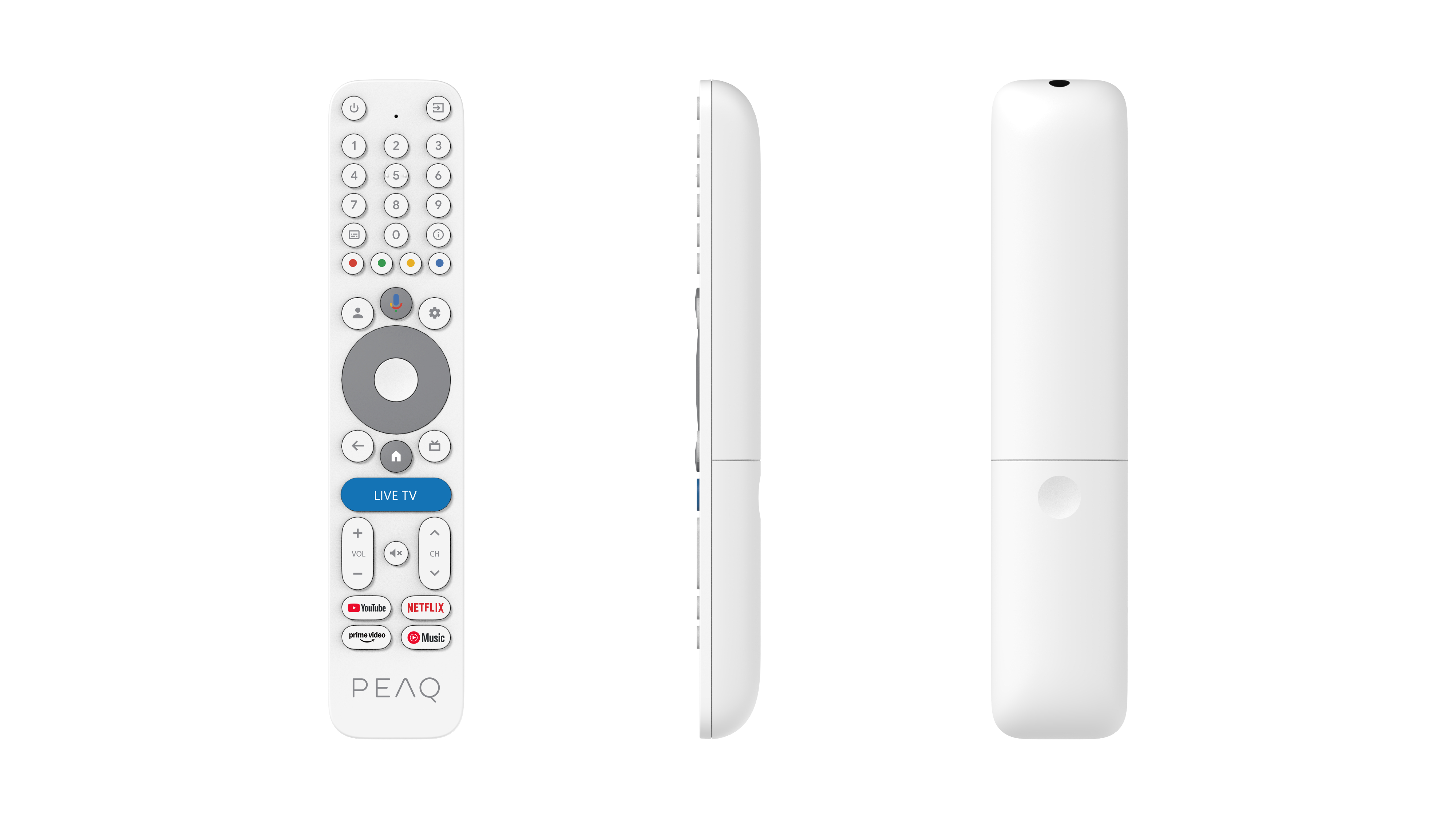 Eine weiße TV-Fernbedienung wird aus drei Blickwinkeln gezeigt. Sie hat Tasten für Nummern, Lautstärke, Kanal und Streaming-Dienste.