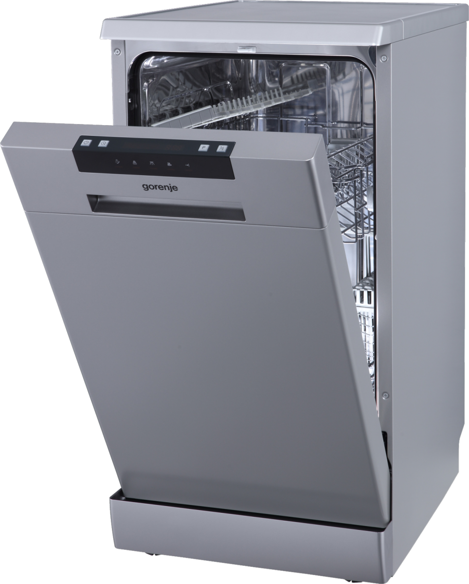 Srebrna zmywarka Gorenje z otwartymi drzwiami. Widoczne są wewnętrzne półki. Przyciski i nazwa marki znajdują się na drzwiach.