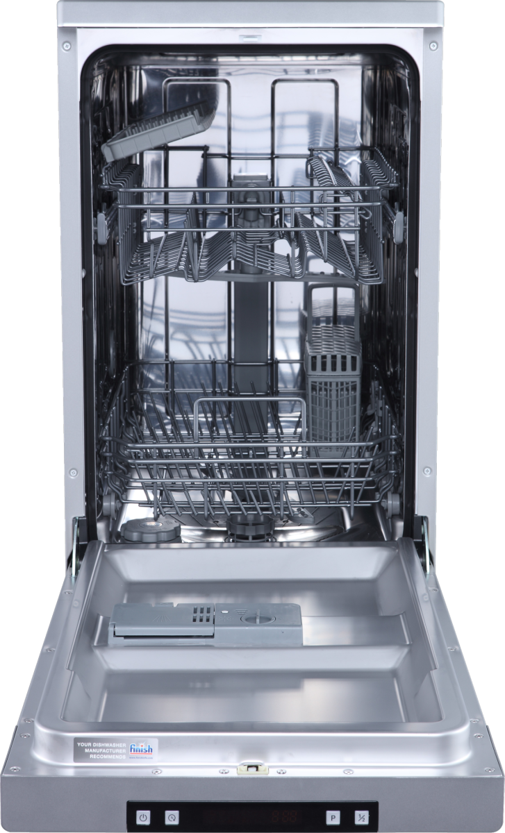 Otwarta zmywarka z koszami, ramionami natryskowymi i dozownikiem mydła. Drzwi uchylone.