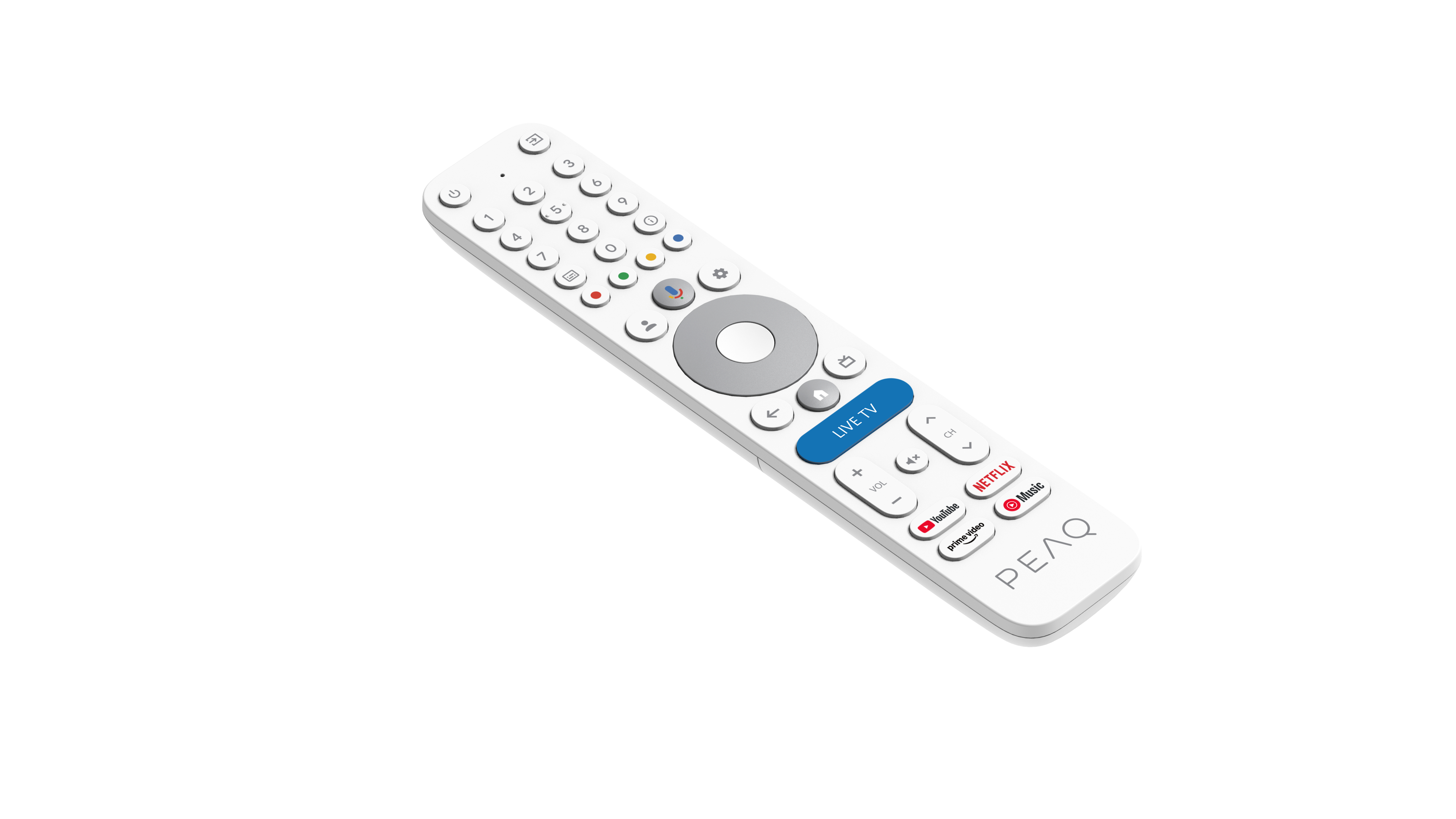 Eine weiße PEAQ-Fernbedienung mit Tasten, einer zentralen kreisförmigen Taste und Symbolen für YouTube, Netflix und Musik.
