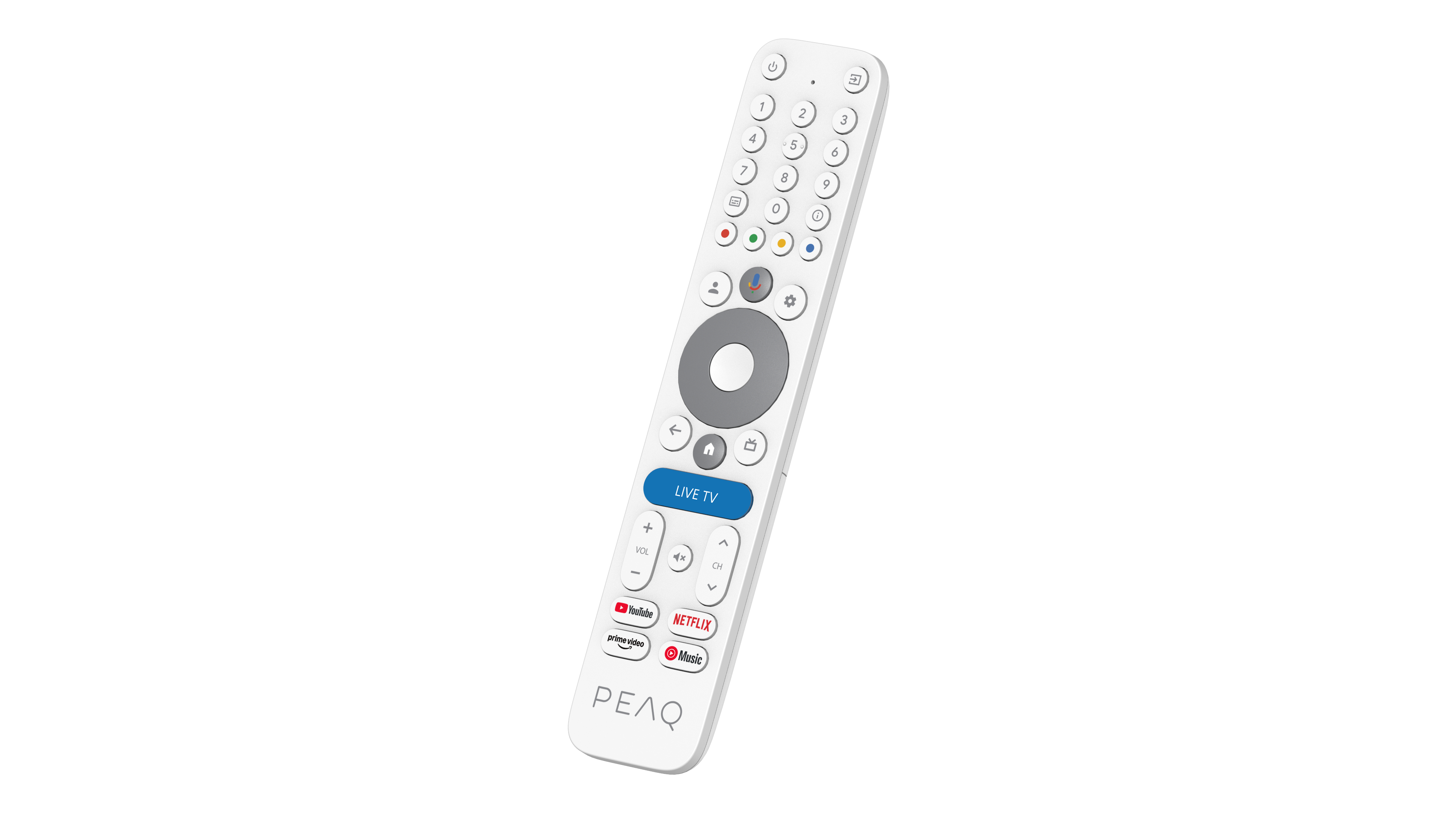 Weiße PEAQ-Fernbedienung. Merkmale sind Ein-/Aus-Tasten, Kanal-, Lautstärke- und App-Tasten. Der Hintergrund ist weiß.